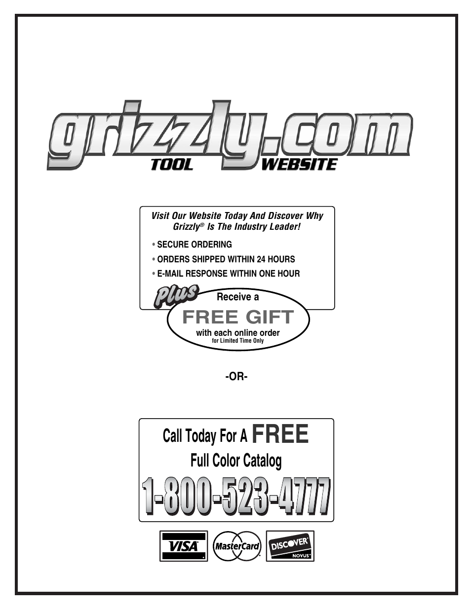 Free, Free gift, Call today for a | Full color catalog | Grizzly G0555 User Manual | Page 55 / 55