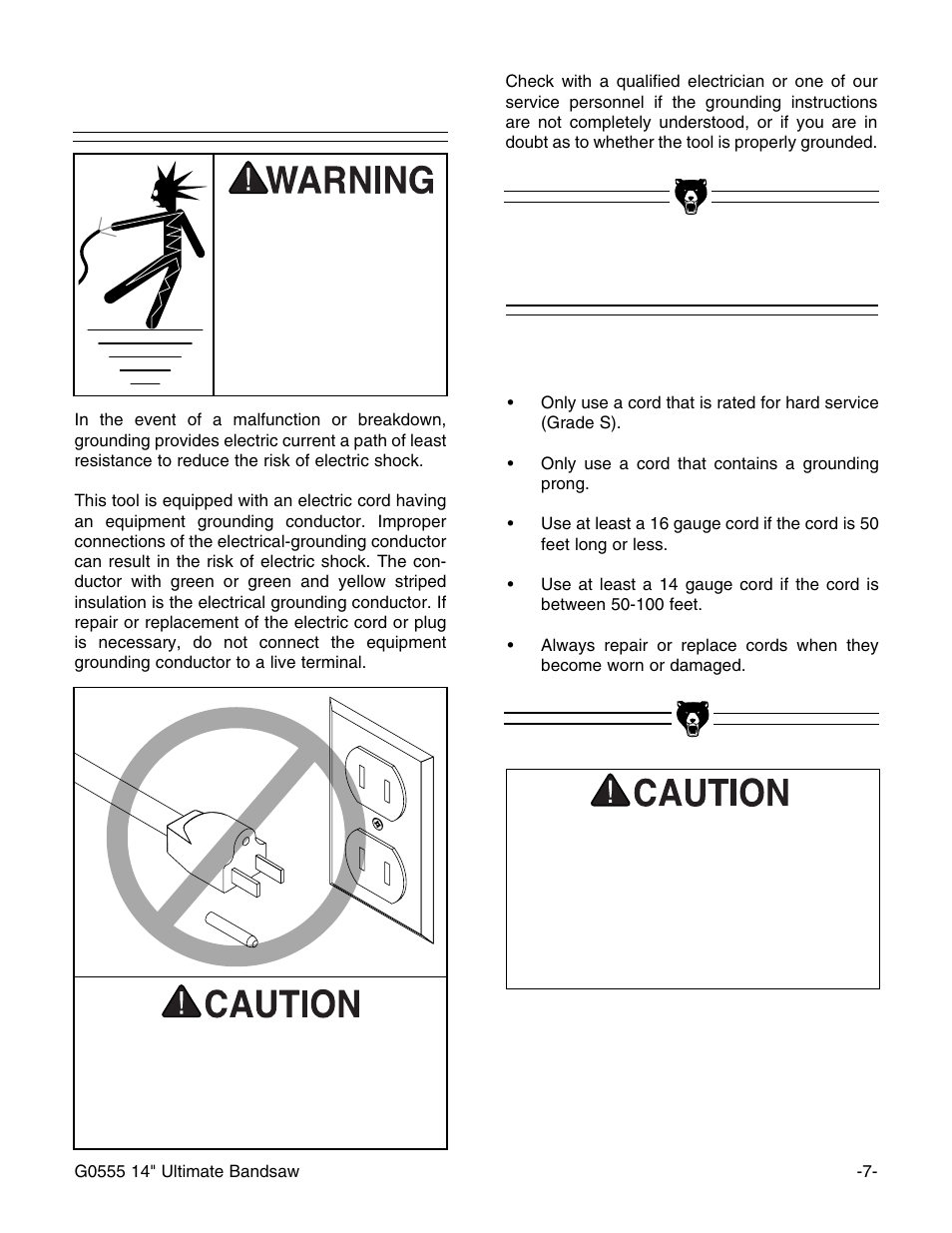 Grounding, Extension cords | Grizzly G0555 User Manual | Page 9 / 55