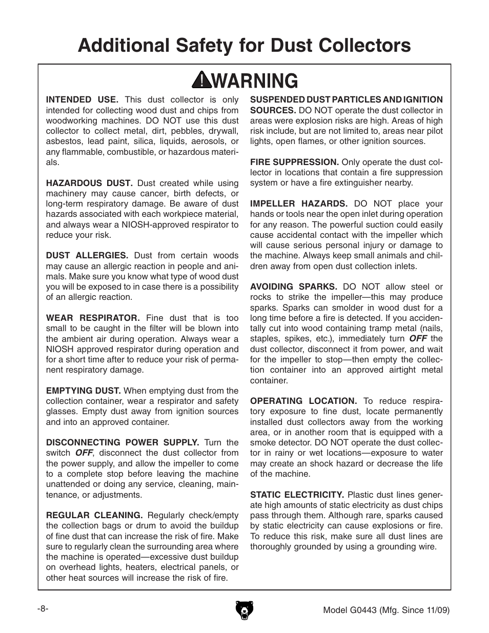 Additional safety for dust collectors | Grizzly G0440 User Manual | Page 10 / 52