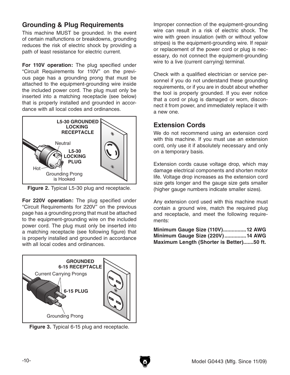 Grounding & plug requirements, Extension cords | Grizzly G0440 User Manual | Page 12 / 52