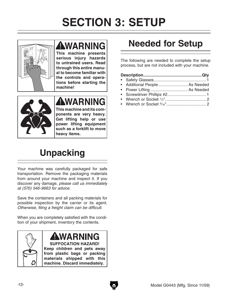 Unpacking, Needed for setup | Grizzly G0440 User Manual | Page 14 / 52