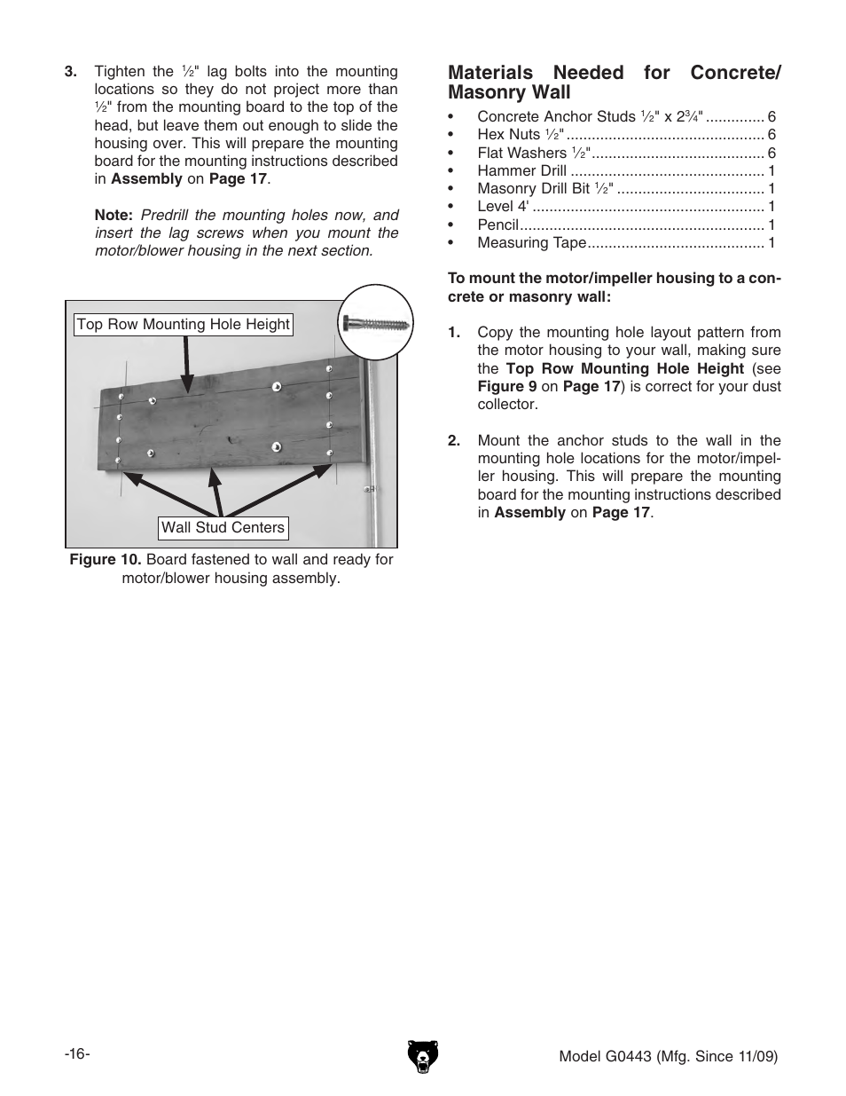 Materials needed for concrete/ masonry wall | Grizzly G0440 User Manual | Page 18 / 52