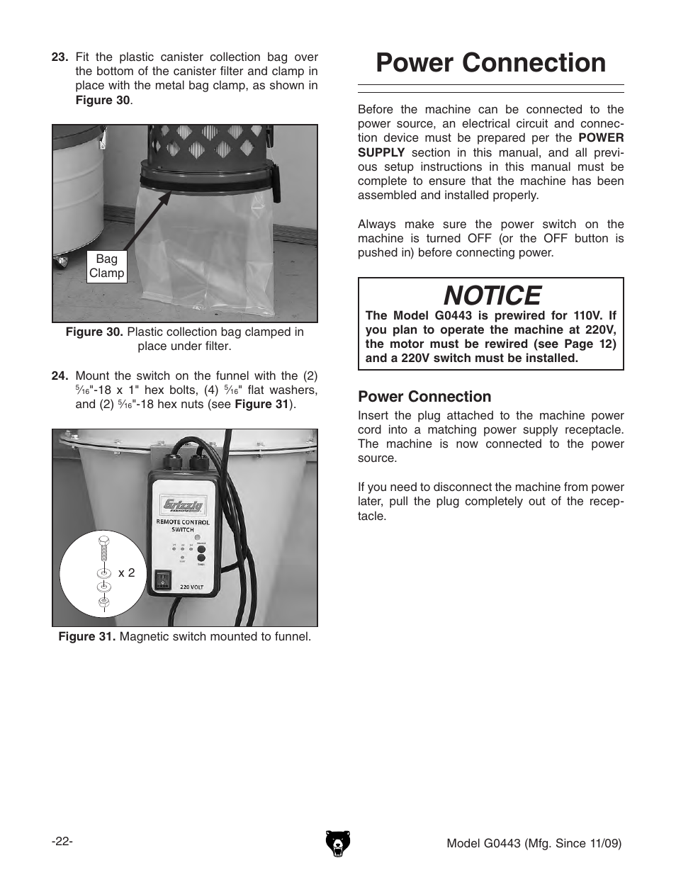 Notice, Power connection | Grizzly G0440 User Manual | Page 24 / 52