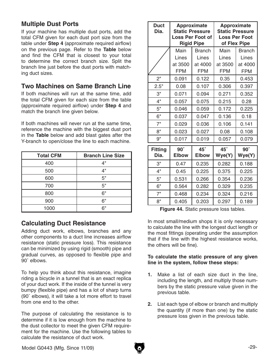 Two machines on same branch line, Calculating duct resistance multiple dust ports | Grizzly G0440 User Manual | Page 31 / 52