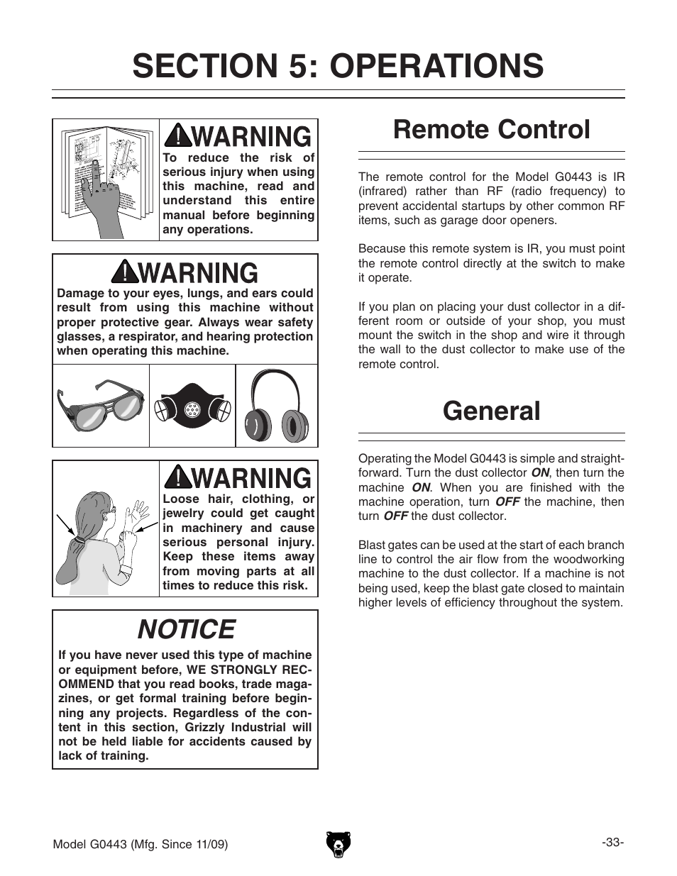 Notice, Remote control, General | Grizzly G0440 User Manual | Page 35 / 52