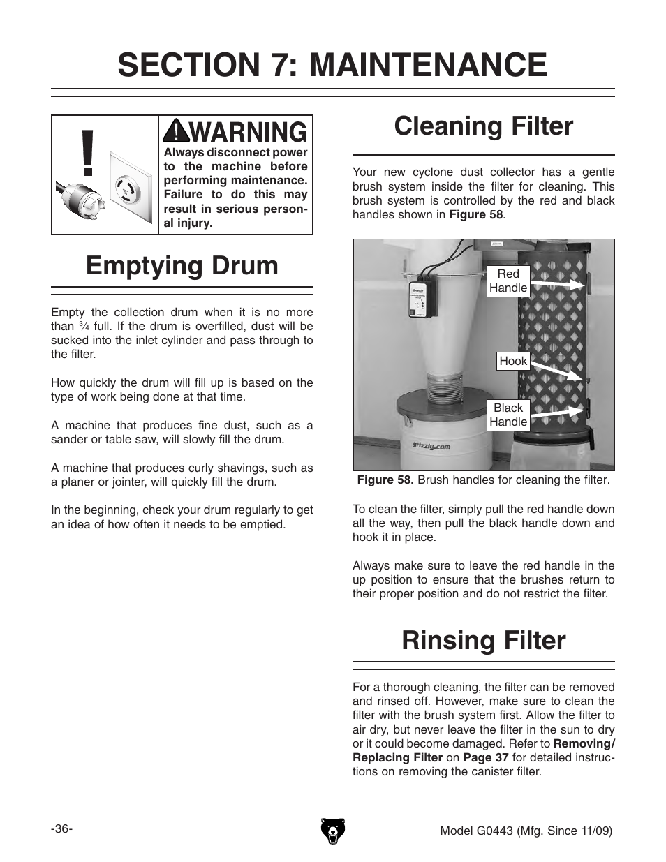 Emptying drum, Cleaning filter, Rinsing filter | Grizzly G0440 User Manual | Page 38 / 52