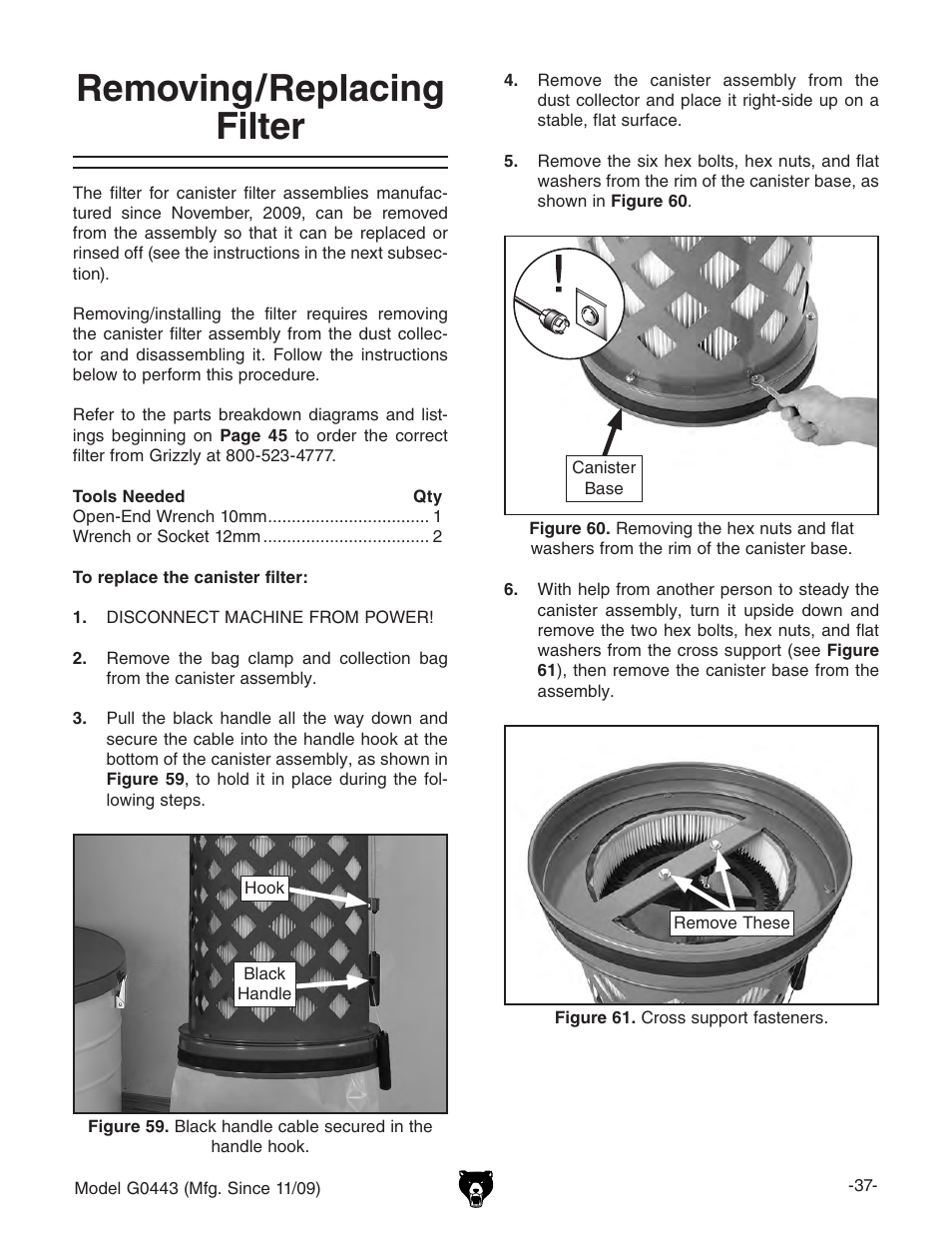 Removing/replacing filter | Grizzly G0440 User Manual | Page 39 / 52