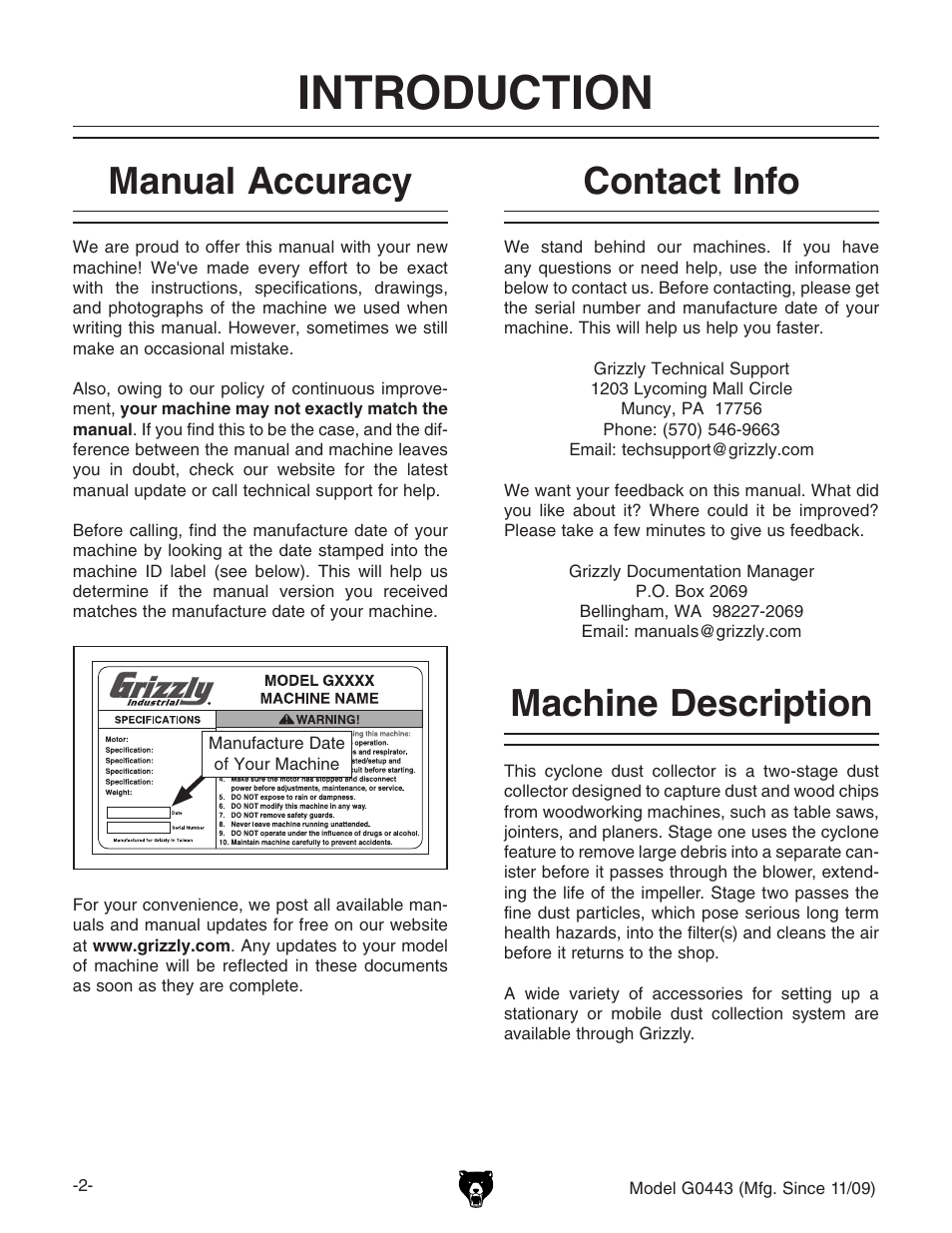 Introduction, Manual accuracy, Contact info | Machine description | Grizzly G0440 User Manual | Page 4 / 52