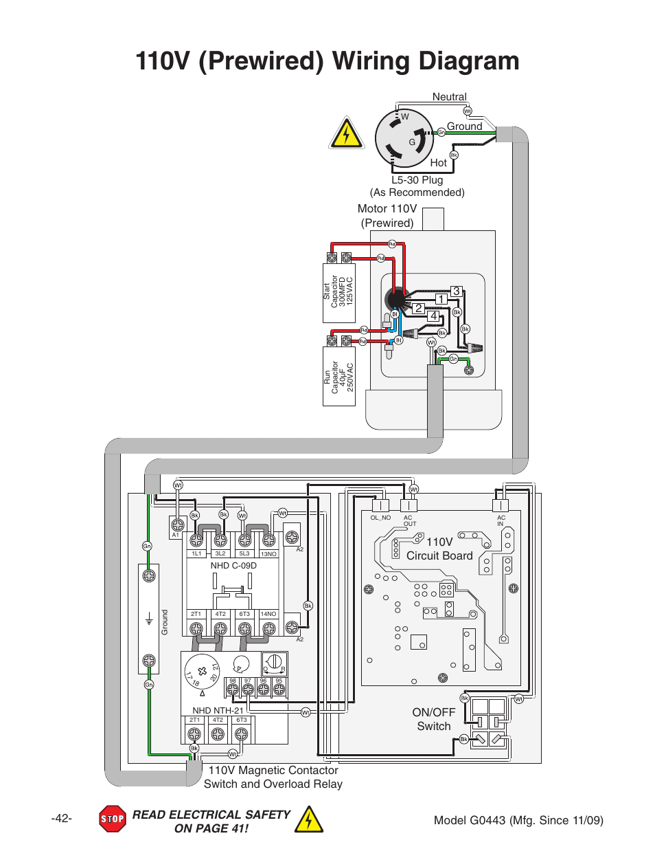 110v (prewired) wiring diagram | Grizzly G0440 User Manual | Page 44 / 52