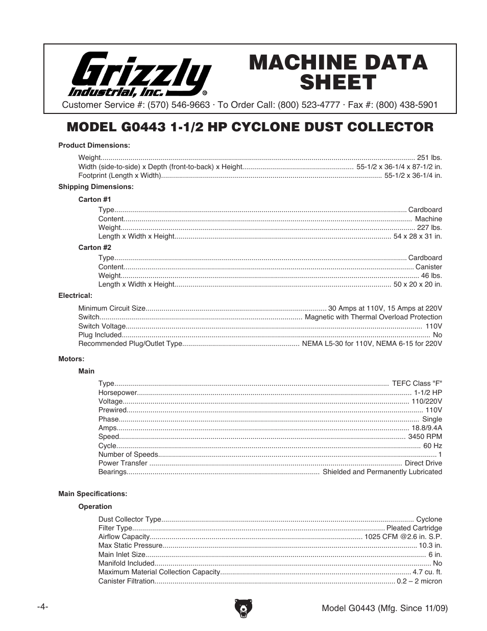 Machine data sheet | Grizzly G0440 User Manual | Page 6 / 52