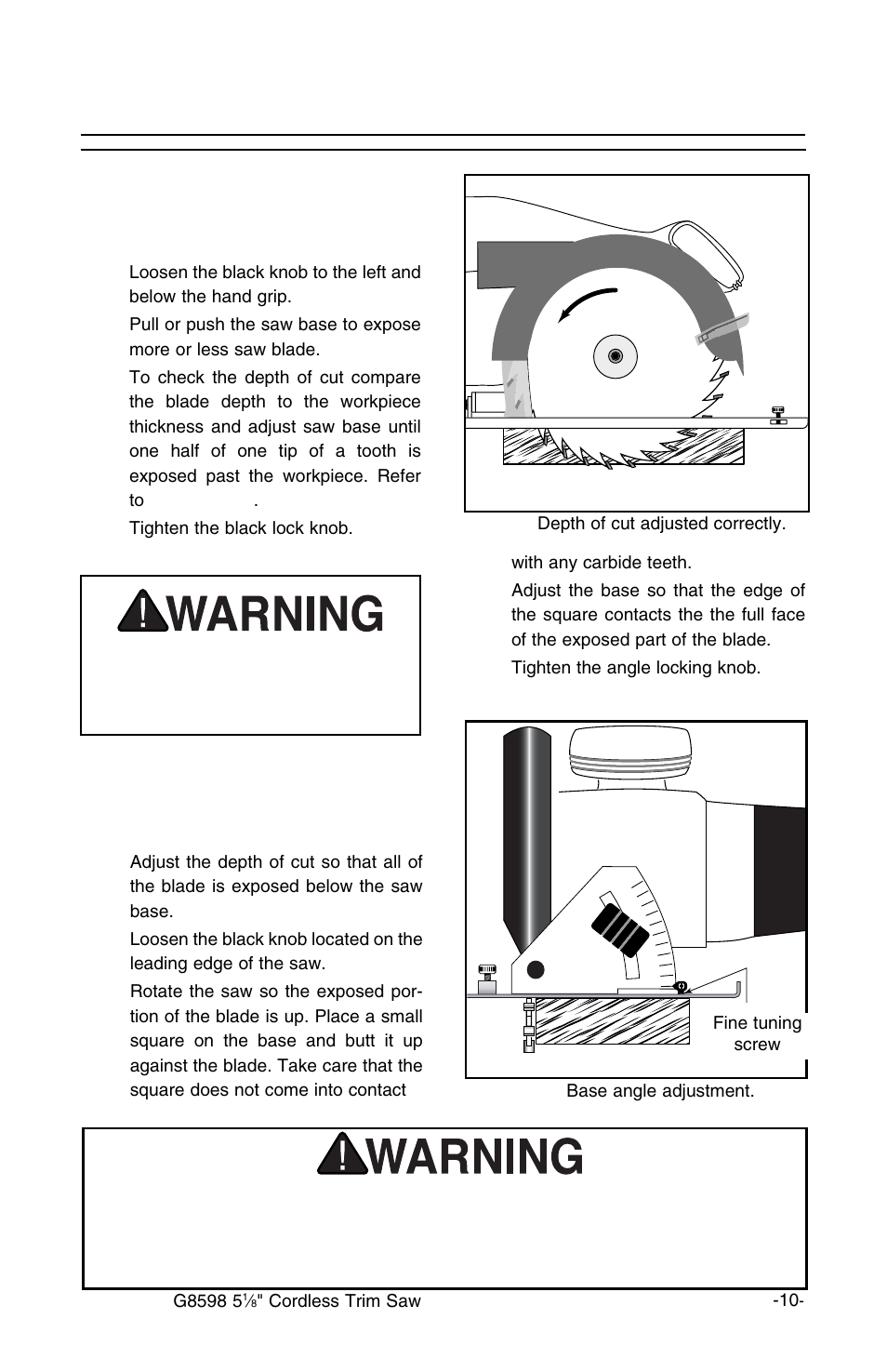 Operation, Cont’d, Cutting depth adjustment | Fine tuning angle of blade | Grizzly G8598 User Manual | Page 10 / 17
