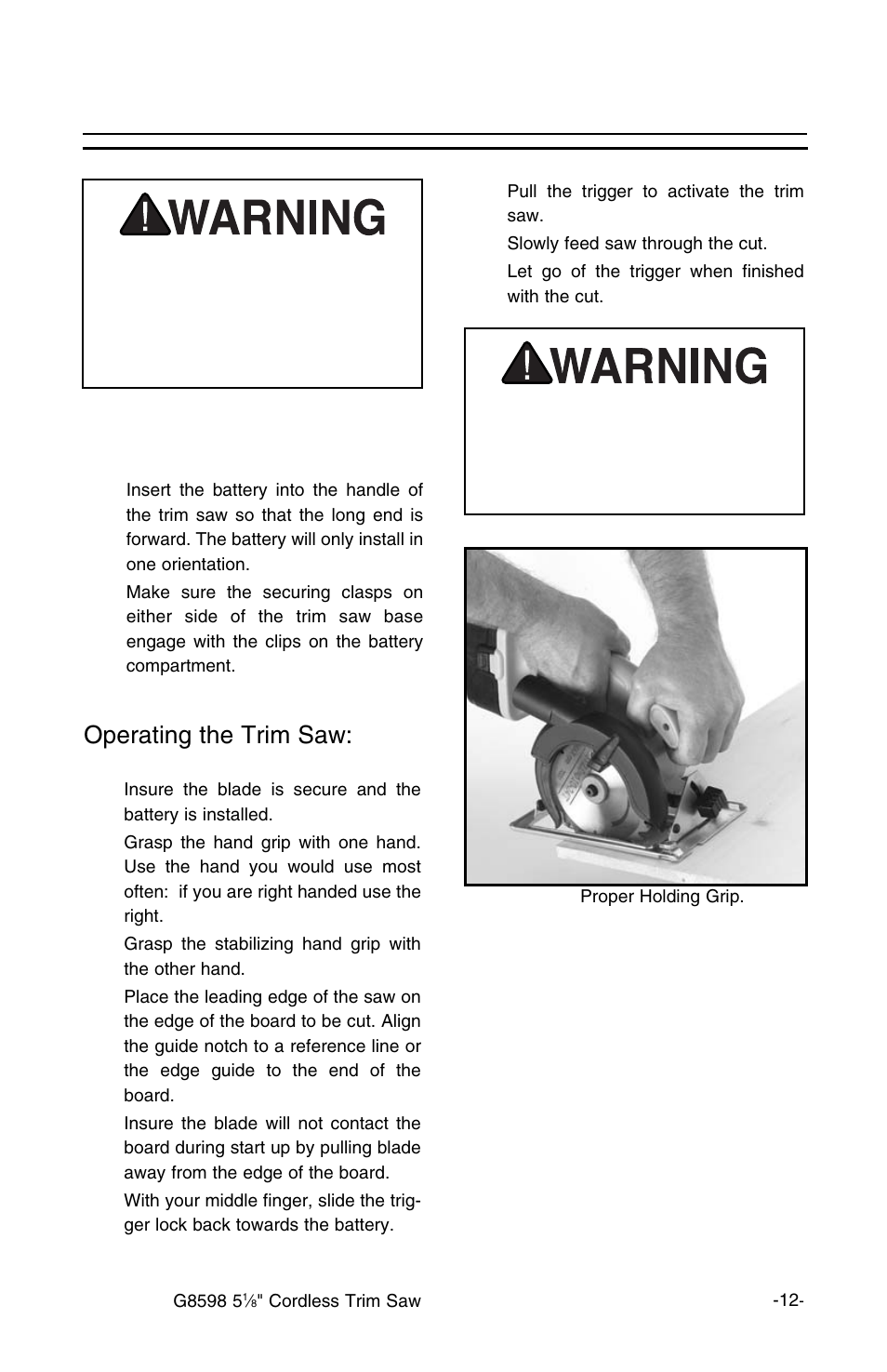 Operation, Cont’d, Operating the trim saw | Inserting battery into trim saw | Grizzly G8598 User Manual | Page 12 / 17