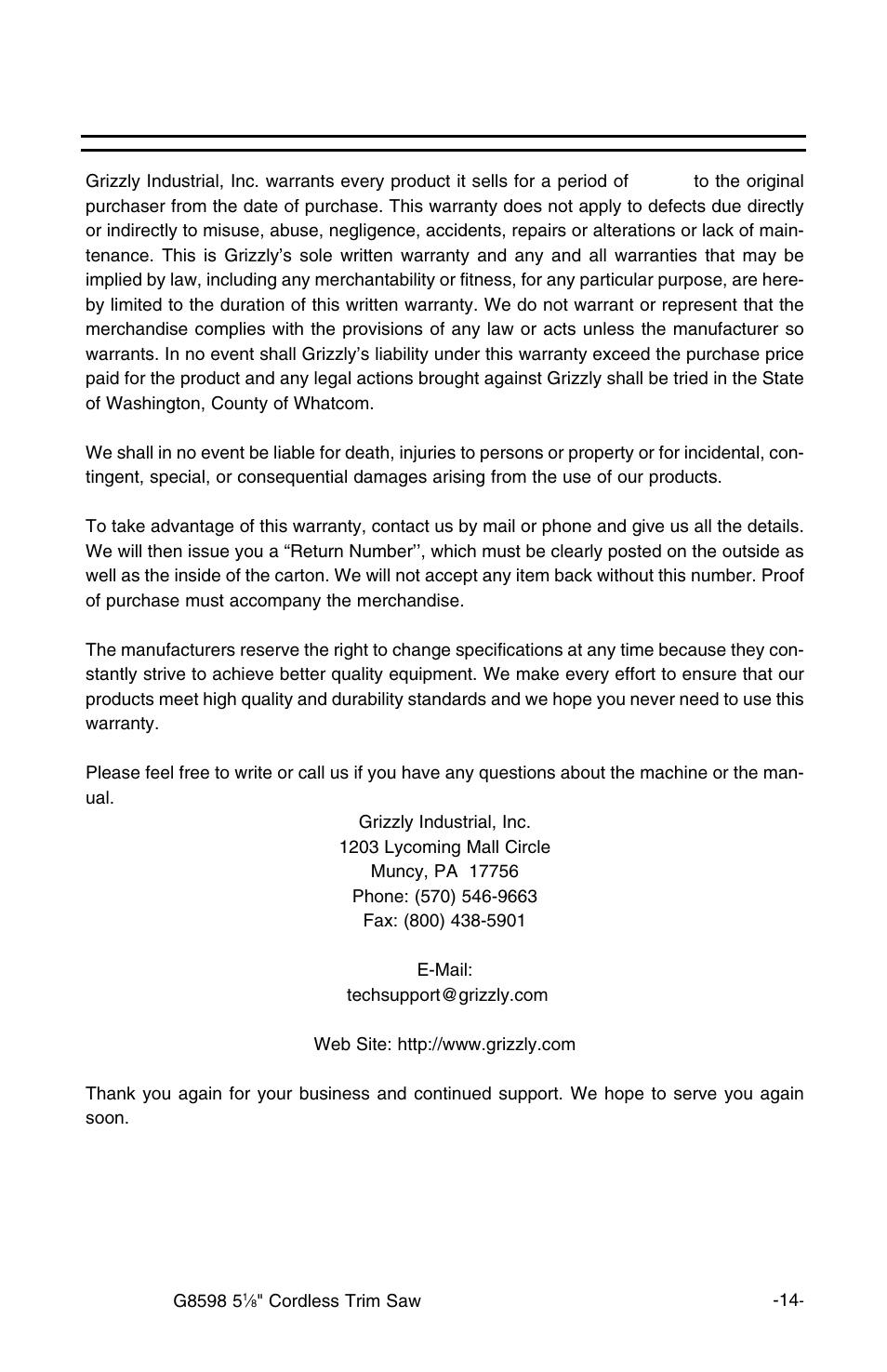 Warranty and returns | Grizzly G8598 User Manual | Page 14 / 17