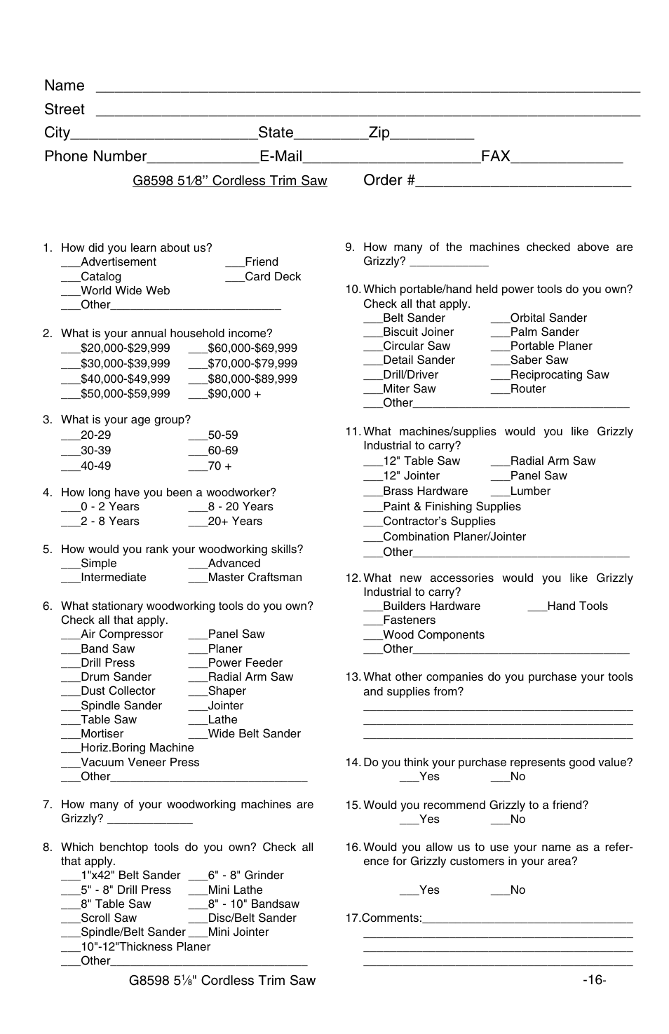 Warranty card, Name, Street | City, State, Phone number, E-mail, Model, Order | Grizzly G8598 User Manual | Page 16 / 17