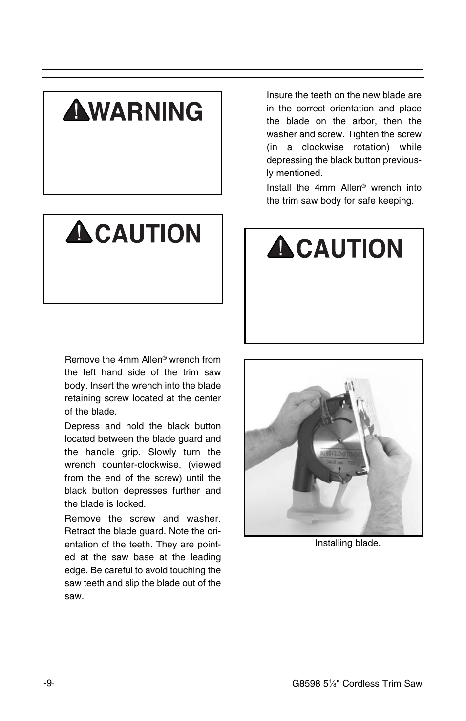 Operation, Removing and installing blades | Grizzly G8598 User Manual | Page 9 / 17