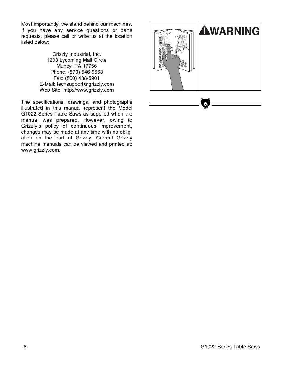Grizzly G1022Z User Manual | Page 10 / 84