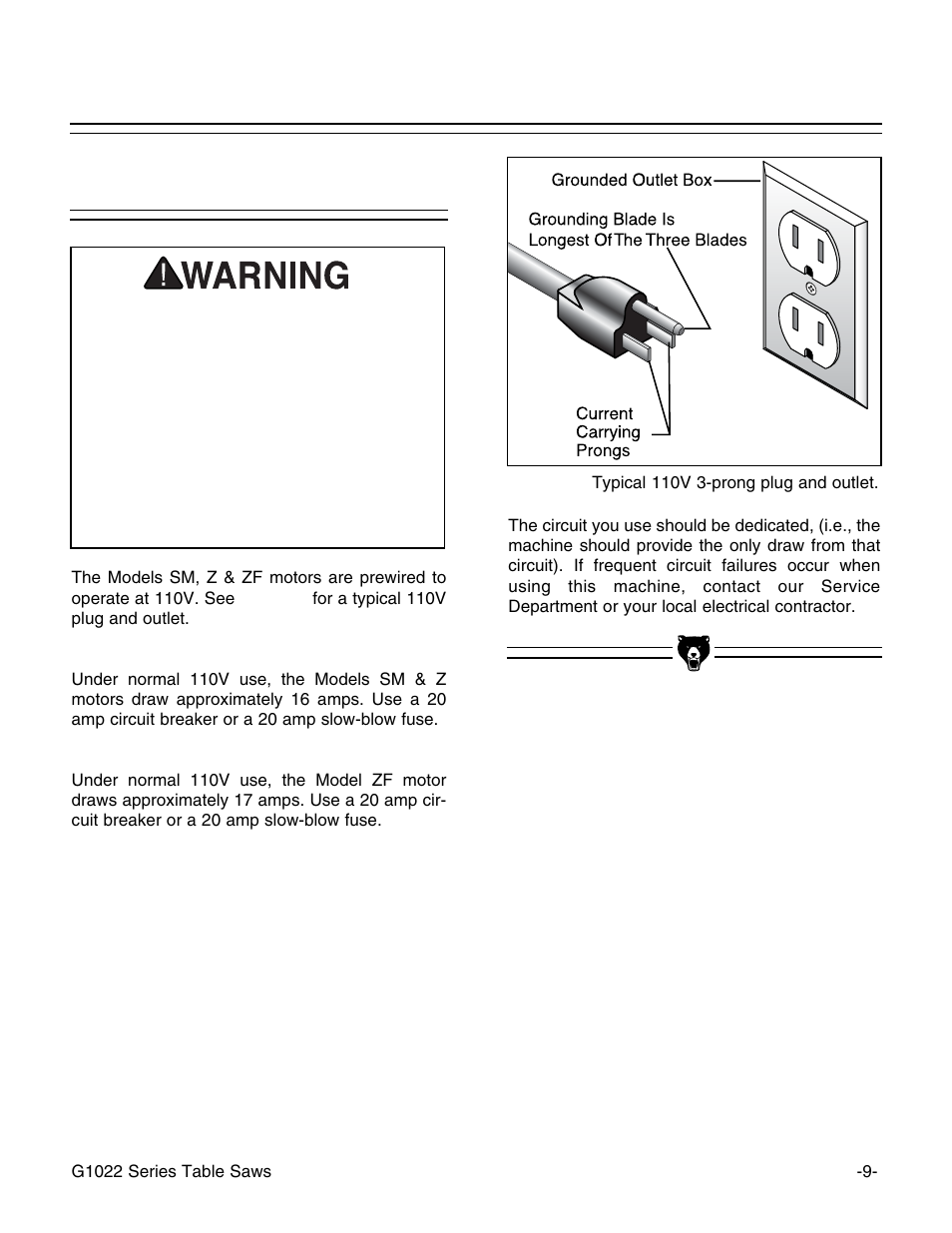 110v operation | Grizzly G1022Z User Manual | Page 11 / 84