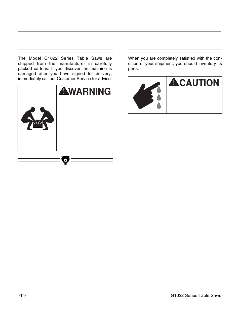 Unpacking, Piece inventory | Grizzly G1022Z User Manual | Page 16 / 84