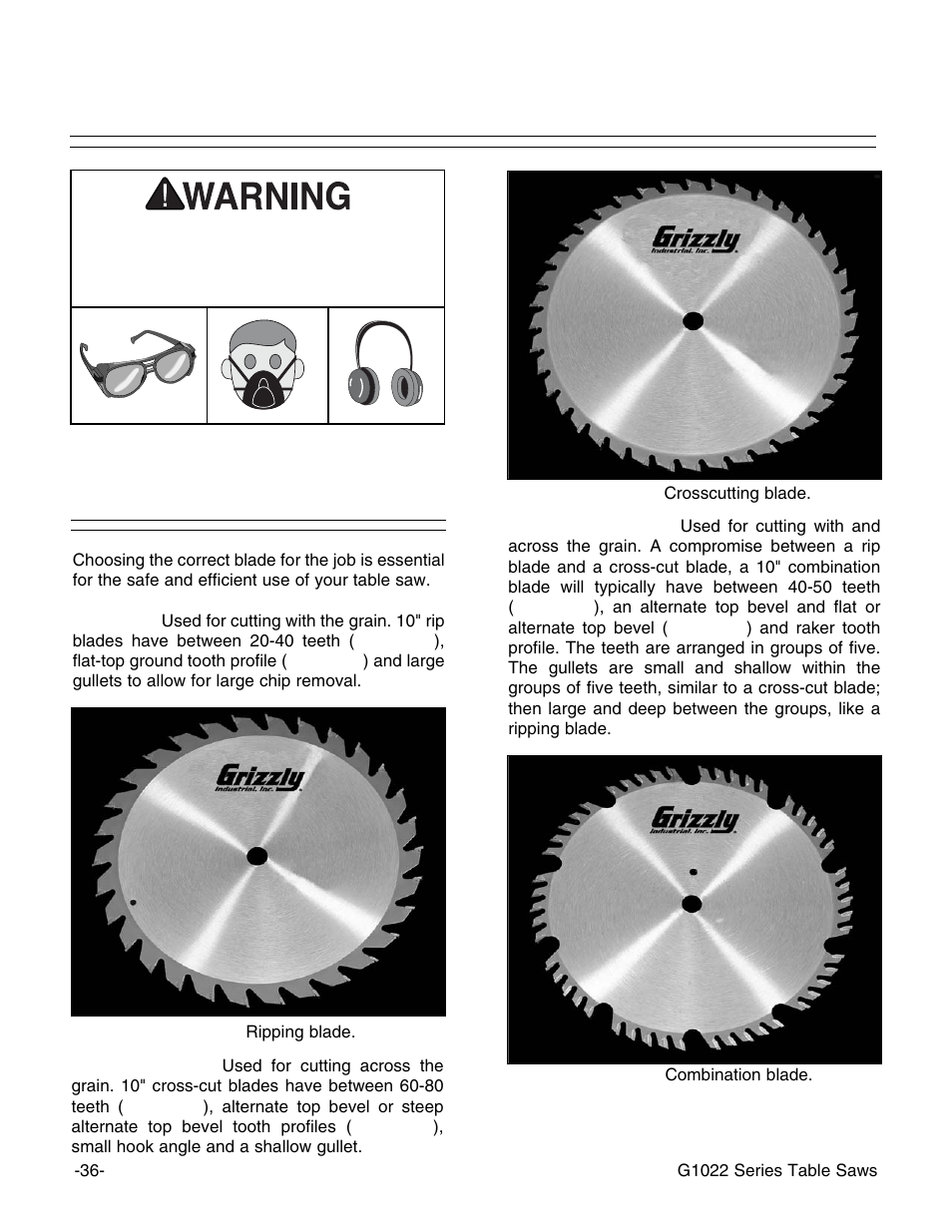 Blade selection | Grizzly G1022Z User Manual | Page 38 / 84