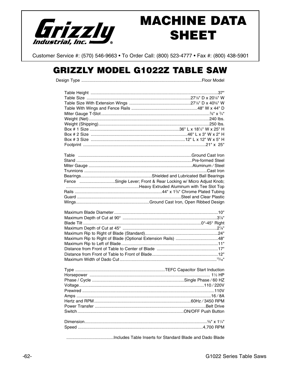 Machine data sheet, Grizzly model g1022z table saw, G1022 series table saws | Grizzly G1022Z User Manual | Page 64 / 84