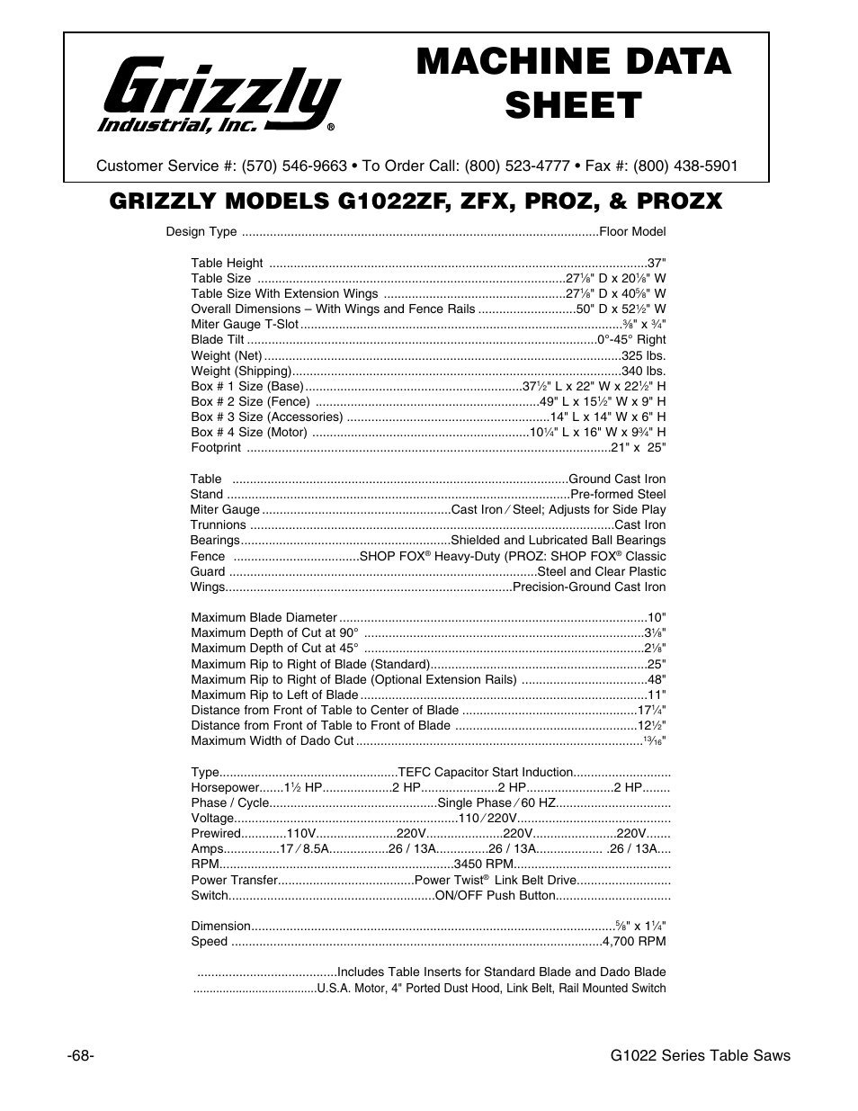 Machine data sheet, Grizzly models g1022zf, zfx, proz, & prozx, G1022 series table saws | Grizzly G1022Z User Manual | Page 70 / 84