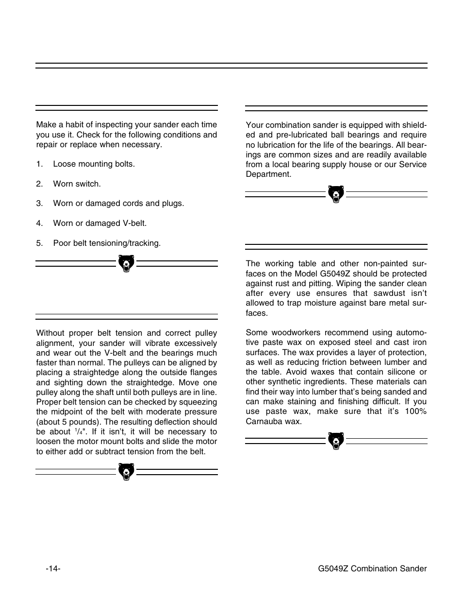 Lubrication v- belt, General table | Grizzly G5049Z User Manual | Page 16 / 26