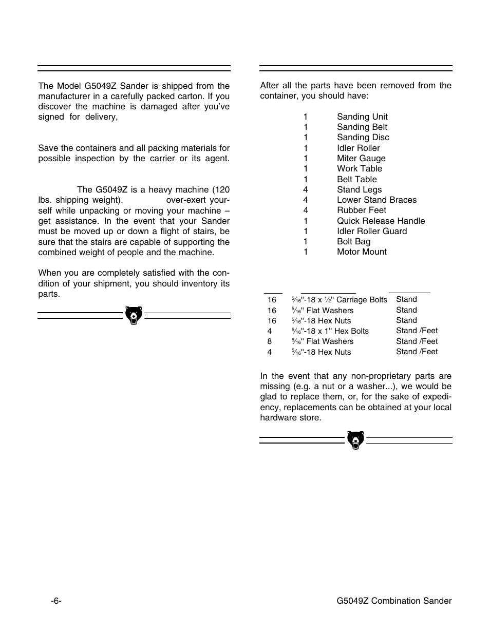 Unpacking, Piece inventory | Grizzly G5049Z User Manual | Page 8 / 26