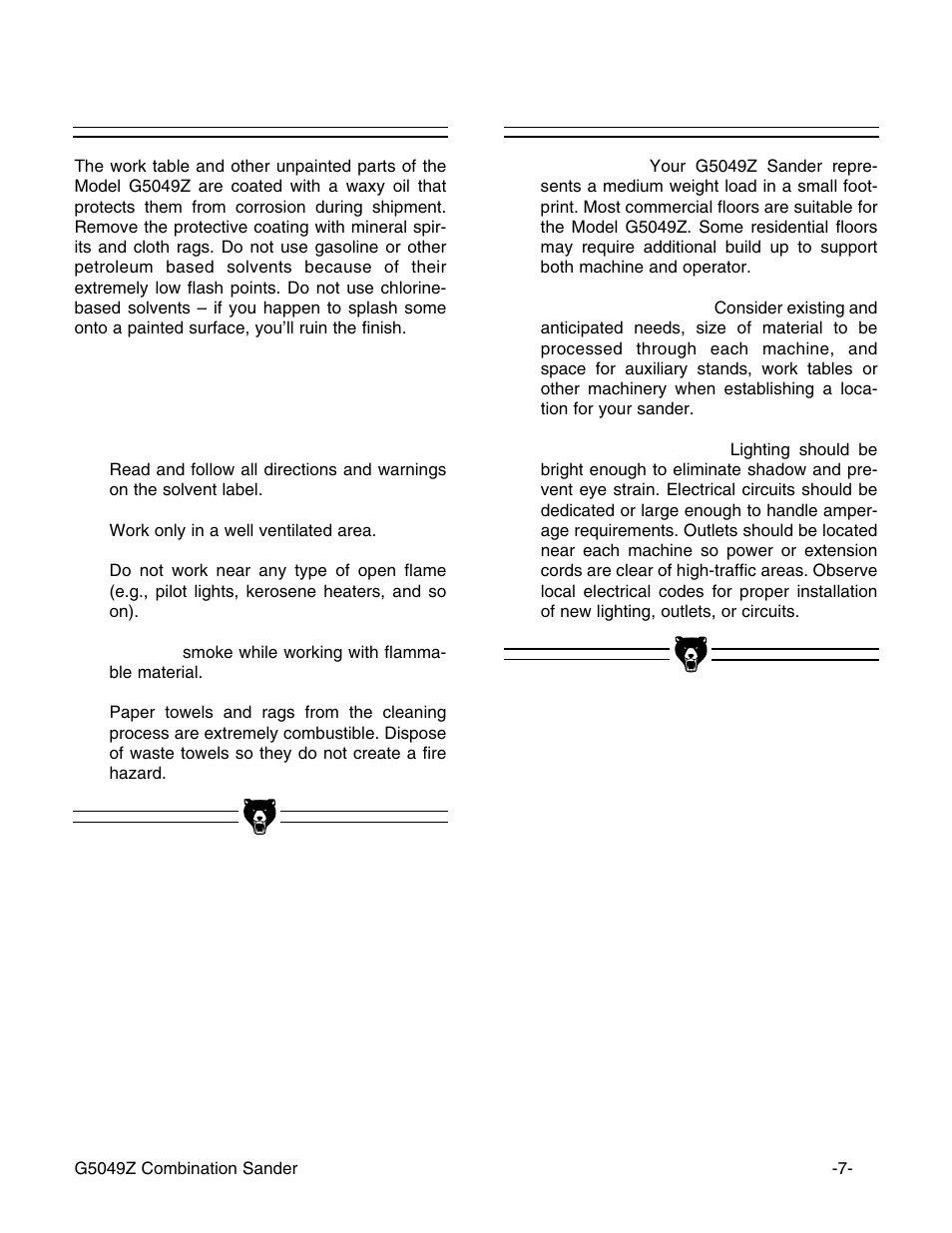 Clean up, Site considerations | Grizzly G5049Z User Manual | Page 9 / 26