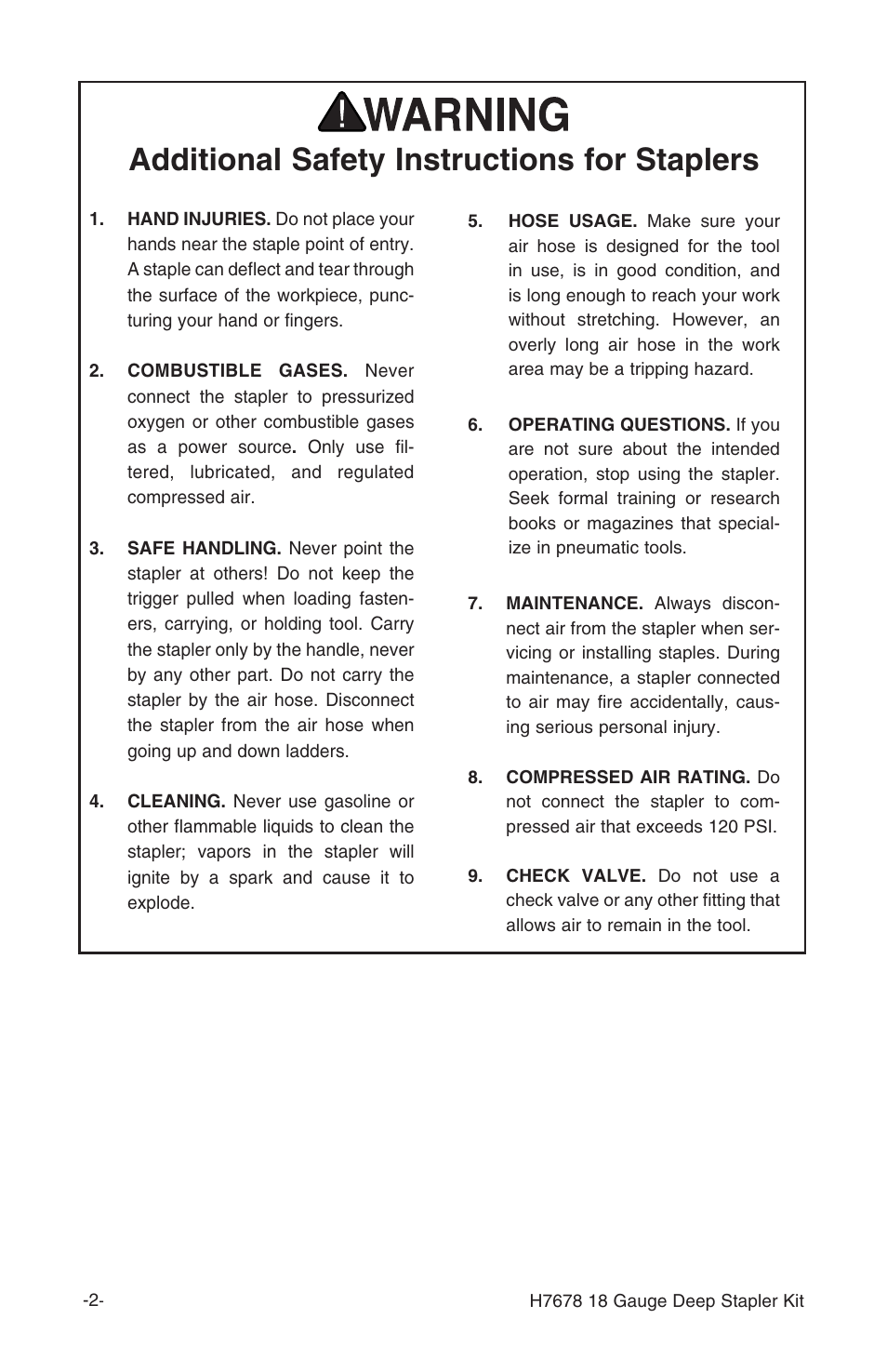 Additional safety instructions for staplers | Grizzly H7678 User Manual | Page 4 / 20