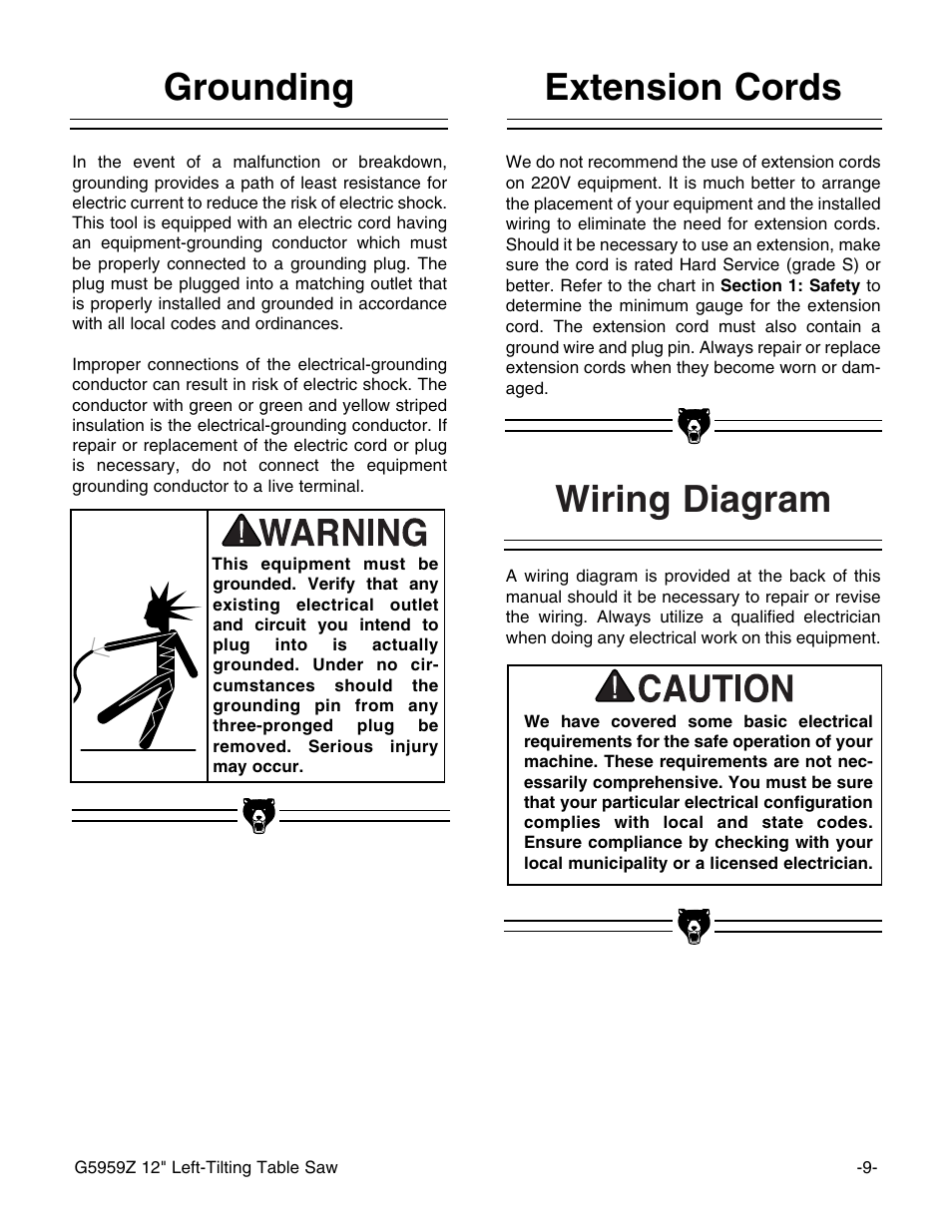 Wiring diagram, Extension cords, Grounding | Grizzly G5959Z User Manual | Page 11 / 51