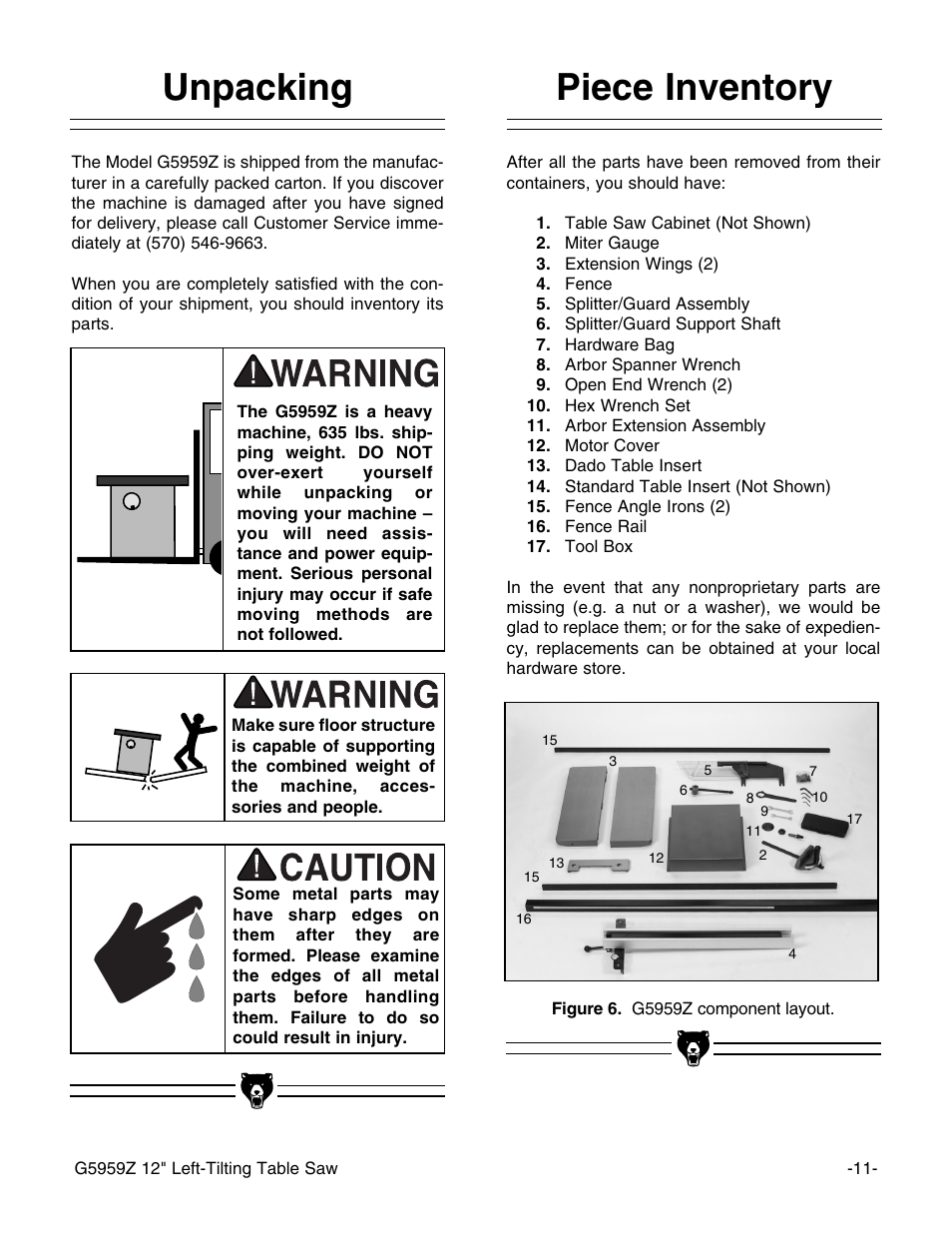 Piece inventory, Unpacking | Grizzly G5959Z User Manual | Page 13 / 51