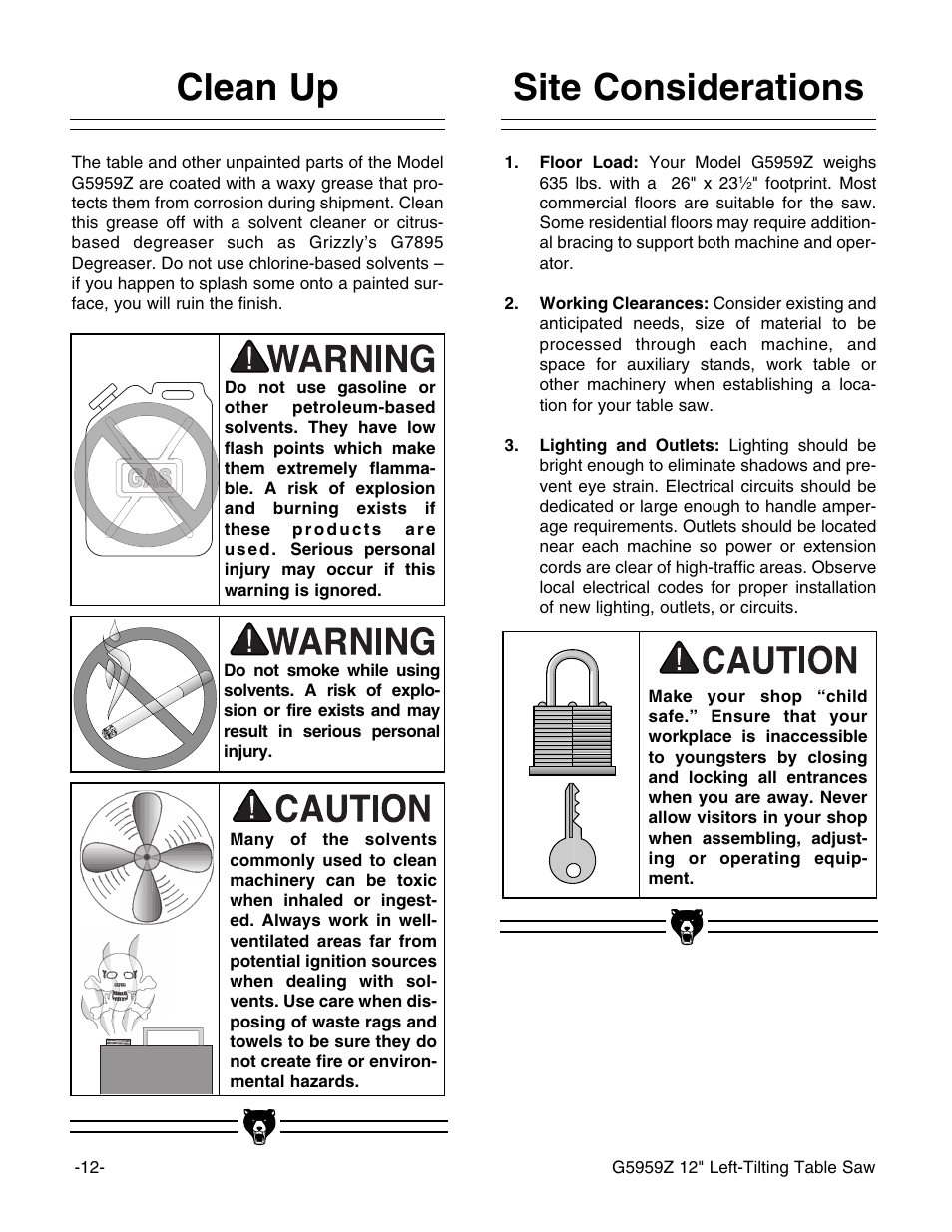 Site considerations, Clean up | Grizzly G5959Z User Manual | Page 14 / 51