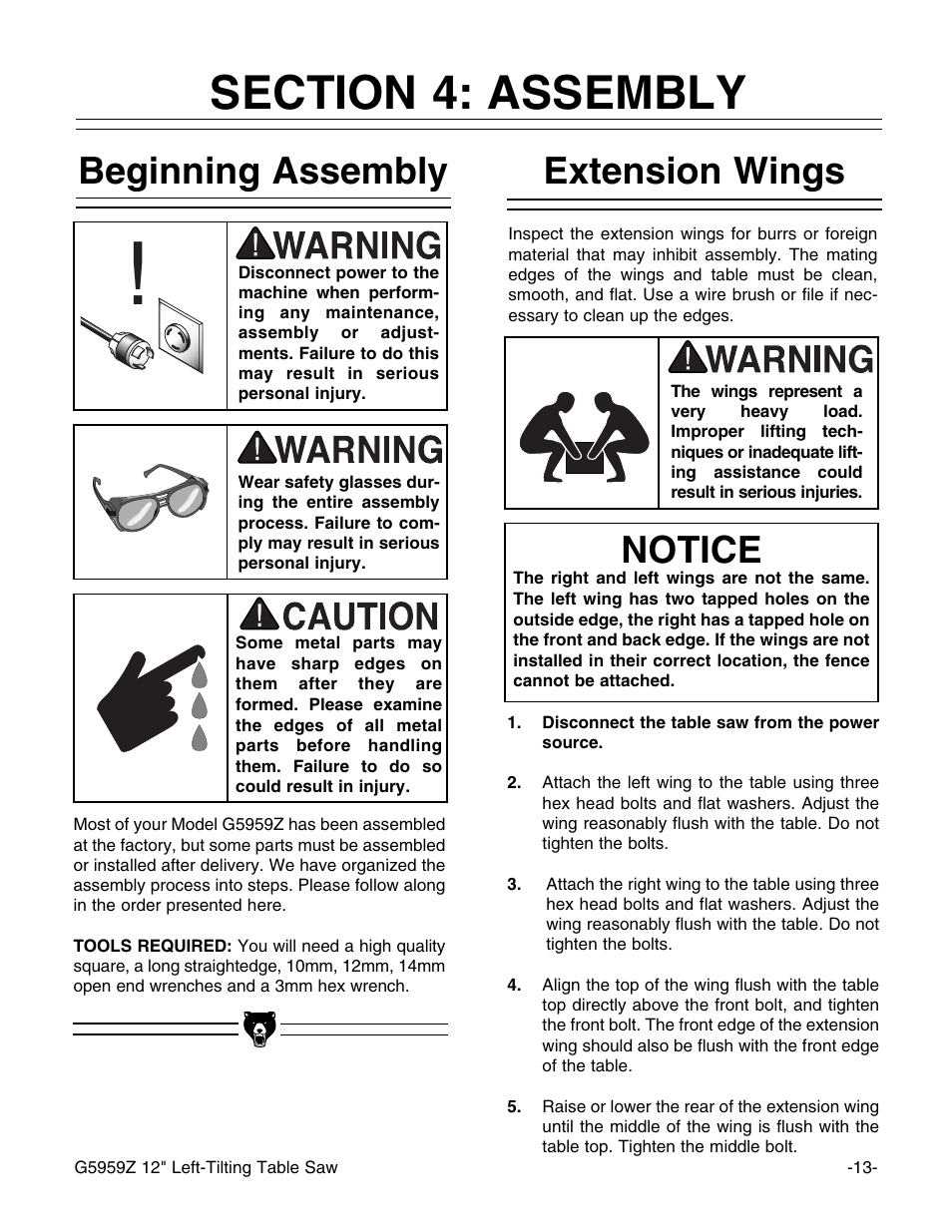 Extension wings, Notice, Beginning assembly | Grizzly G5959Z User Manual | Page 15 / 51