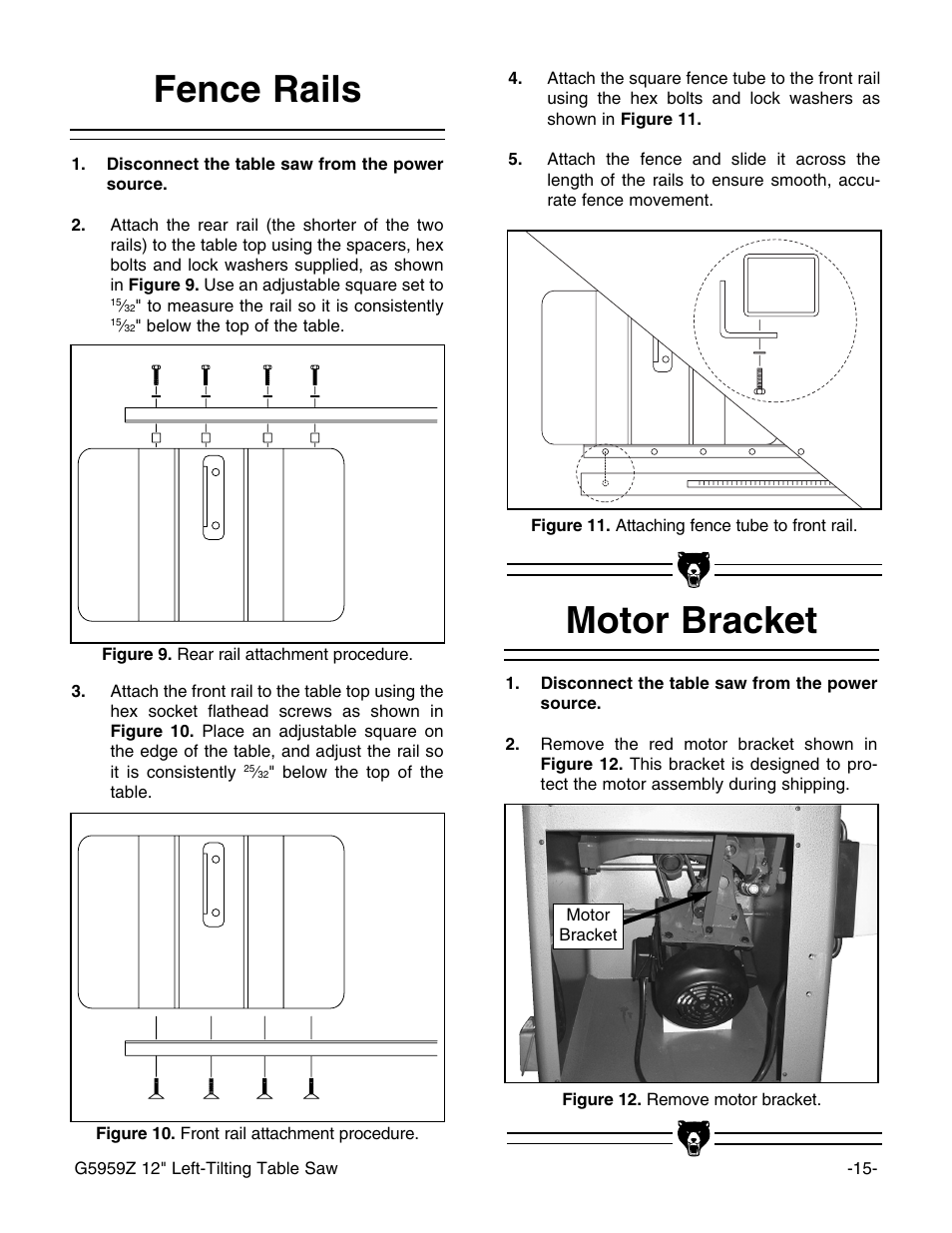 Motor bracket, Fence rails | Grizzly G5959Z User Manual | Page 17 / 51