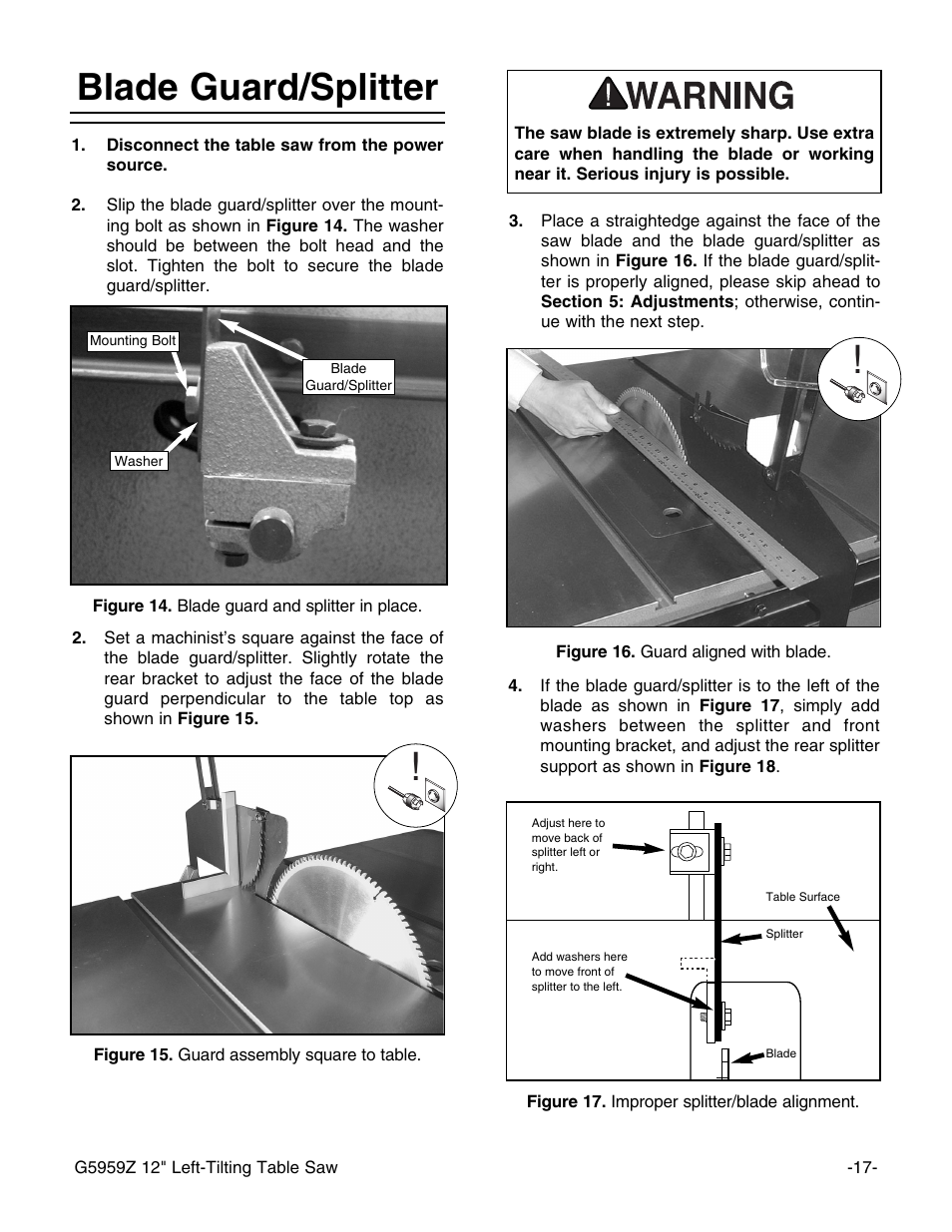 Blade guard/splitter | Grizzly G5959Z User Manual | Page 19 / 51