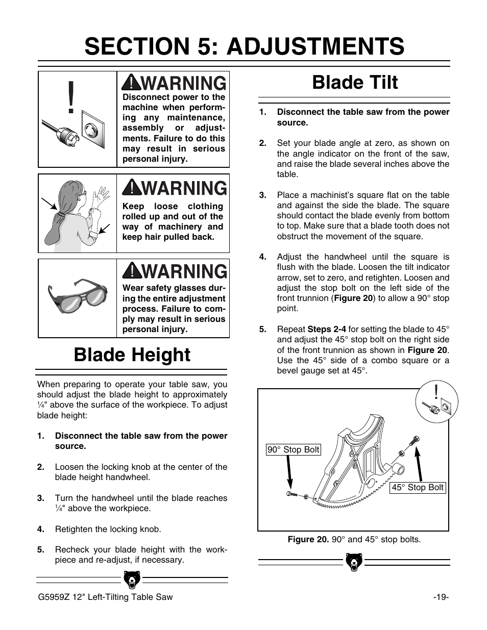 Blade tilt, Blade height | Grizzly G5959Z User Manual | Page 21 / 51
