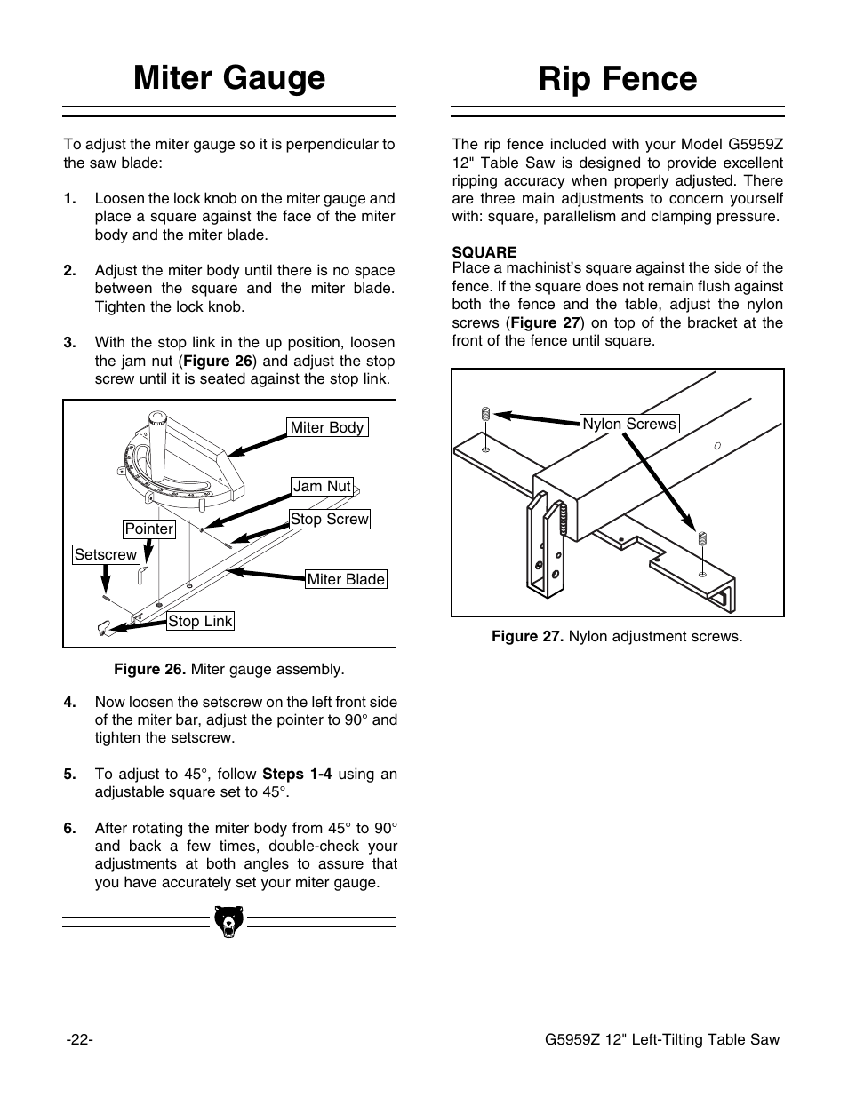 Rip fence, Miter gauge | Grizzly G5959Z User Manual | Page 24 / 51