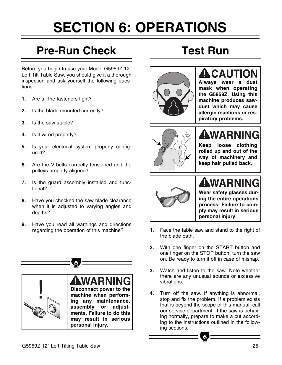 Test run pre-run check | Grizzly G5959Z User Manual | Page 27 / 51