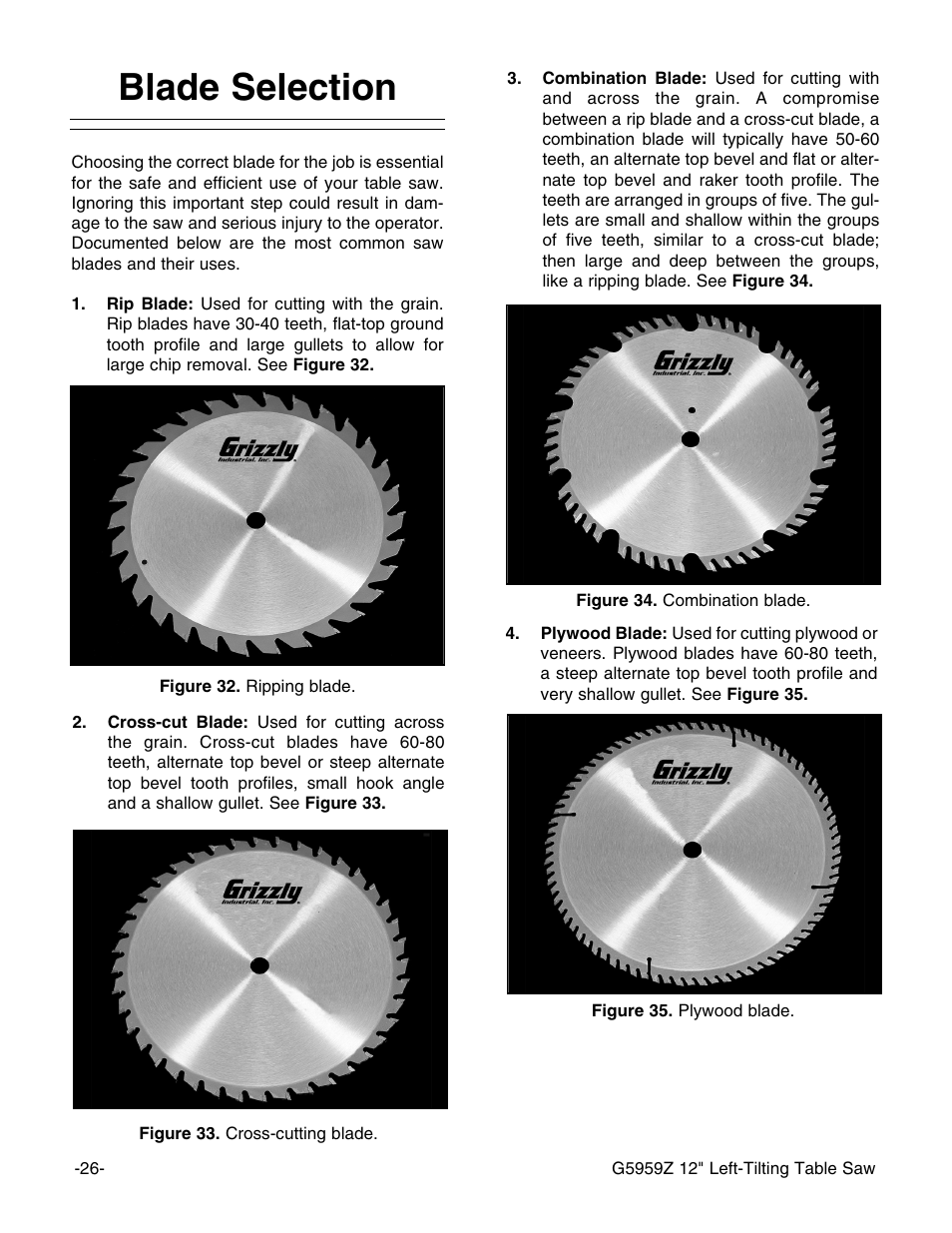 Blade selection | Grizzly G5959Z User Manual | Page 28 / 51