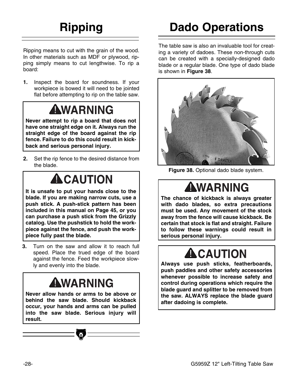 Ripping, Dado operations | Grizzly G5959Z User Manual | Page 30 / 51