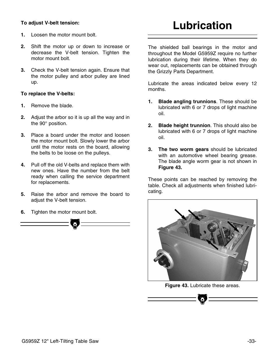 Lubrication | Grizzly G5959Z User Manual | Page 35 / 51