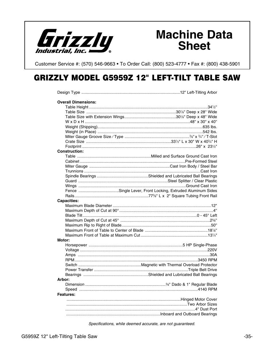 Machine data sheet | Grizzly G5959Z User Manual | Page 37 / 51