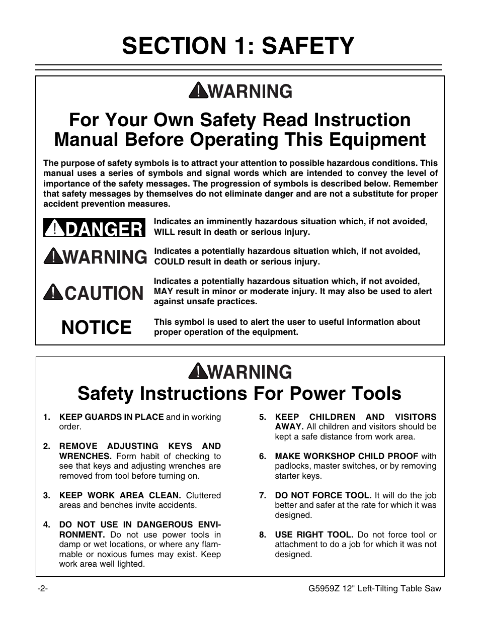 Safety instructions for power tools, Notice | Grizzly G5959Z User Manual | Page 4 / 51
