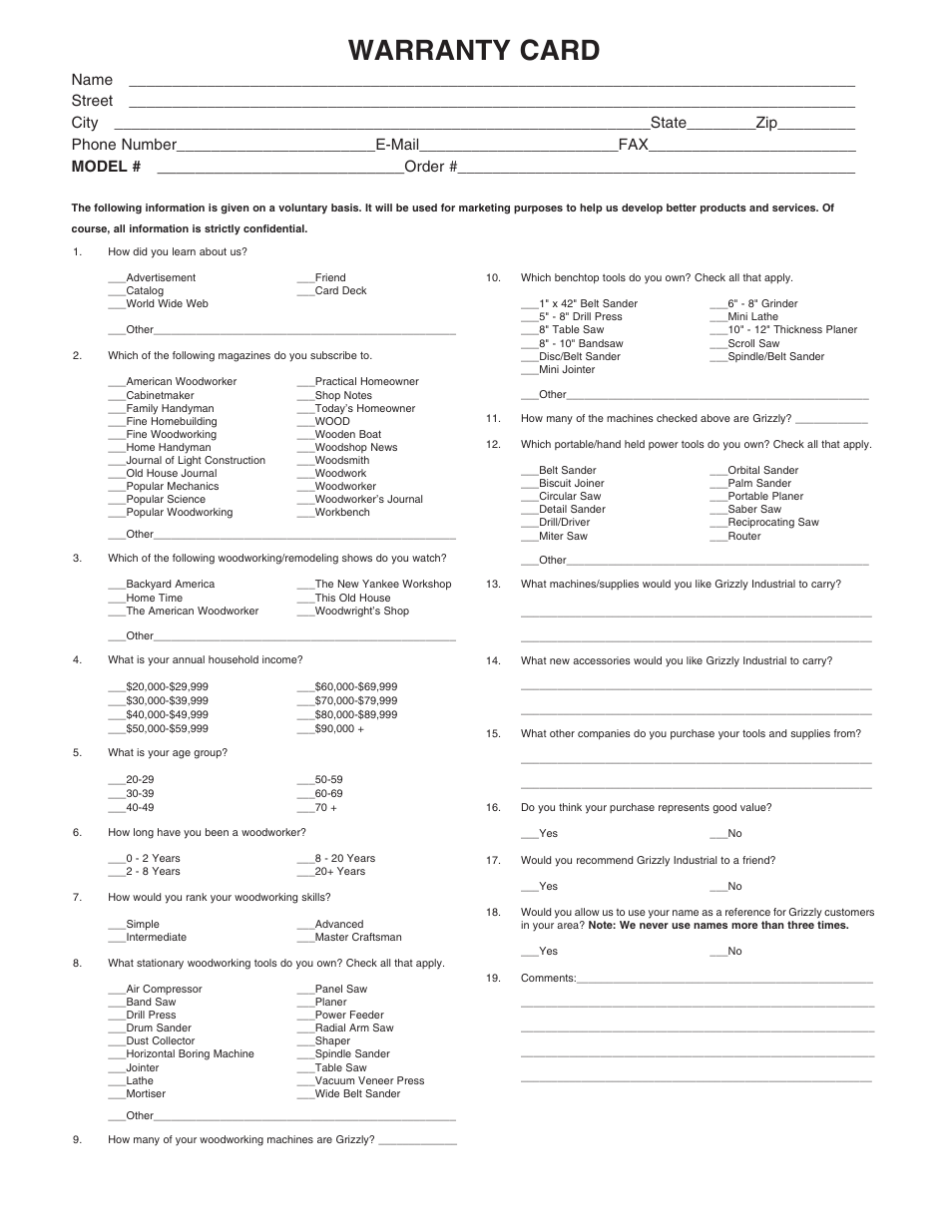 Warranty card, Order | Grizzly G5959Z User Manual | Page 49 / 51