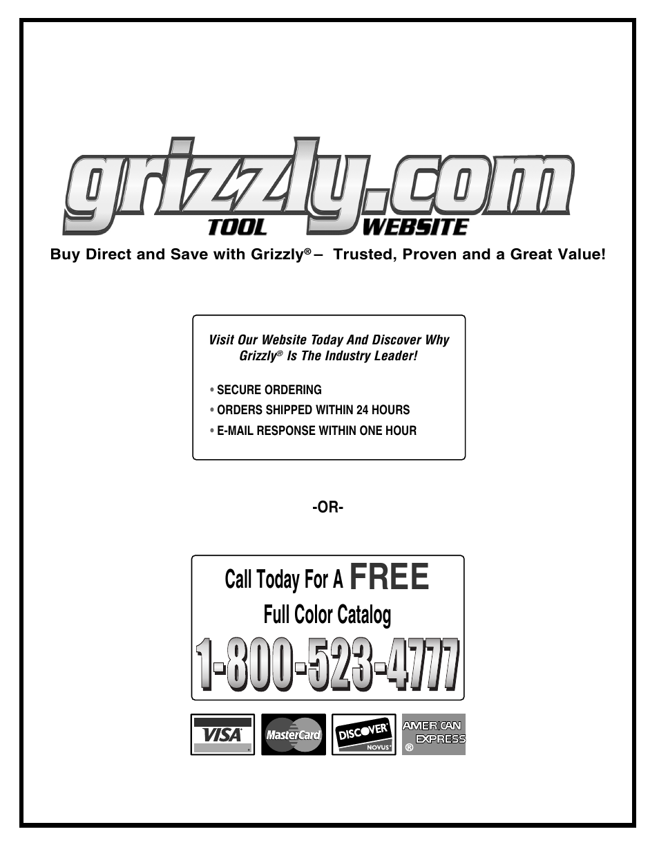 Free, Call today for a, Full color catalog | Grizzly G5959Z User Manual | Page 51 / 51