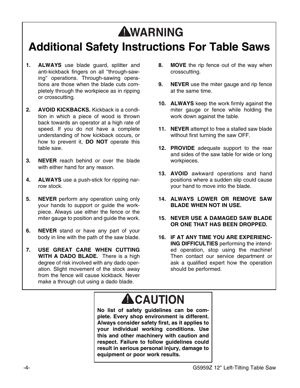 Additional safety instructions for table saws | Grizzly G5959Z User Manual | Page 6 / 51
