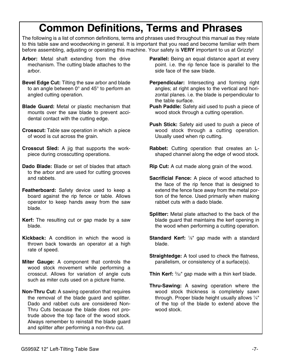 Common definitions, terms and phrases | Grizzly G5959Z User Manual | Page 9 / 51