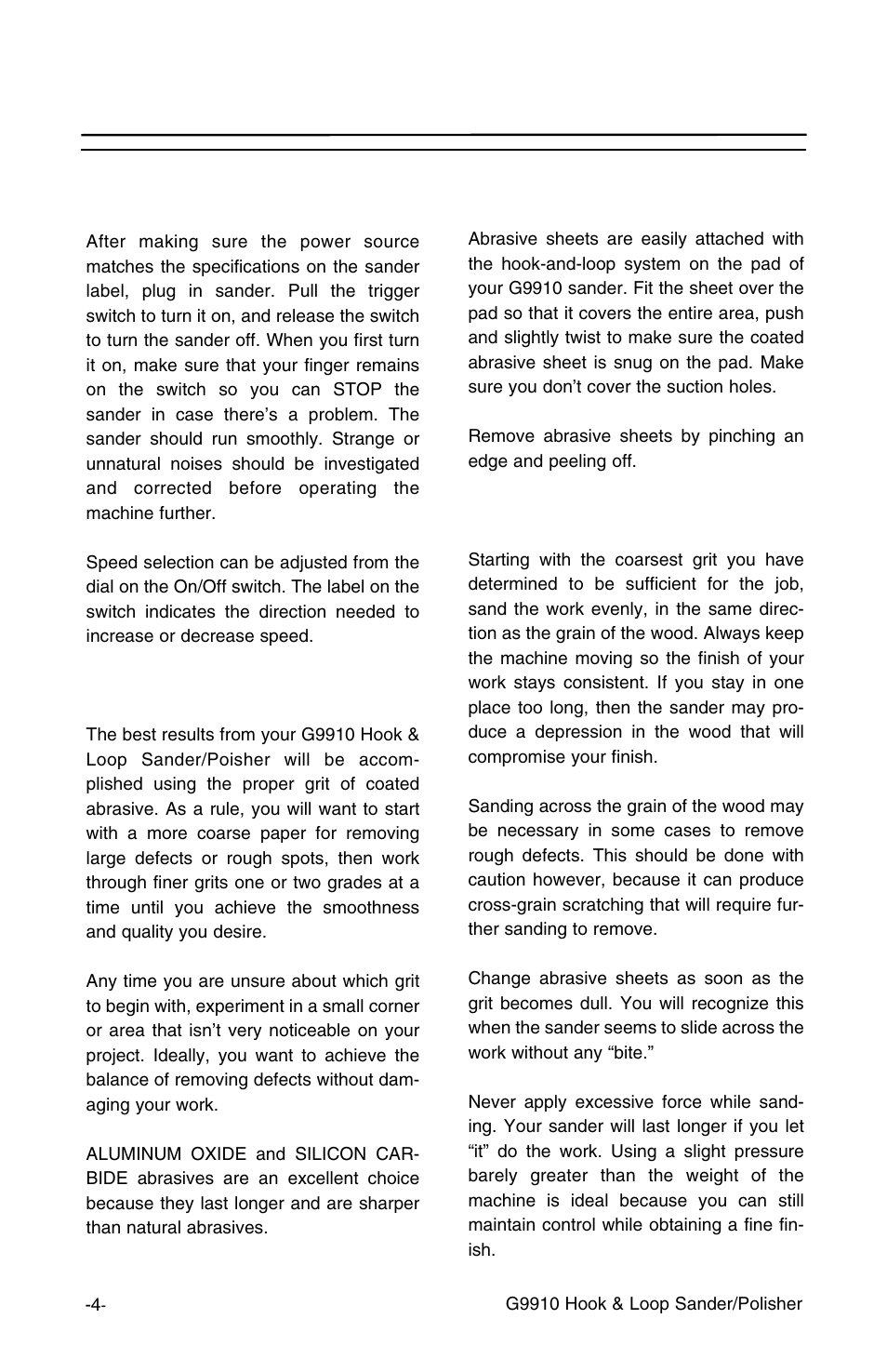 Operation instructions, Getting started, Selecting abrasives | Attaching abrasives, Using the sander | Grizzly G9910 User Manual | Page 6 / 10