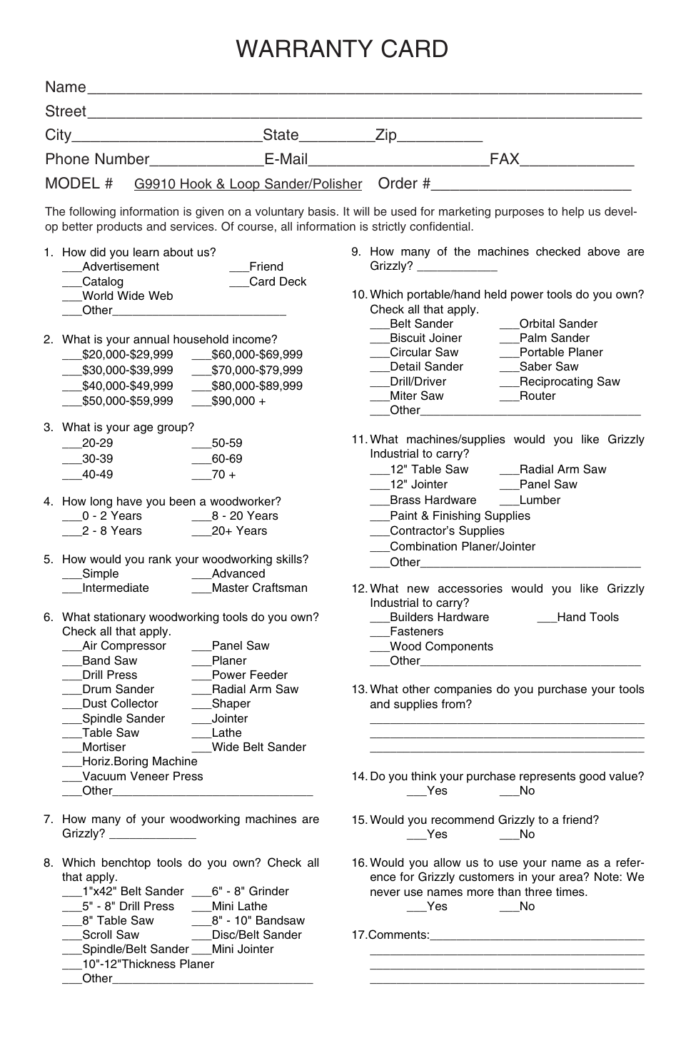 Warranty card, Name, Street | City, State, Phone number, E-mail, Model, Order | Grizzly G9910 User Manual | Page 9 / 10