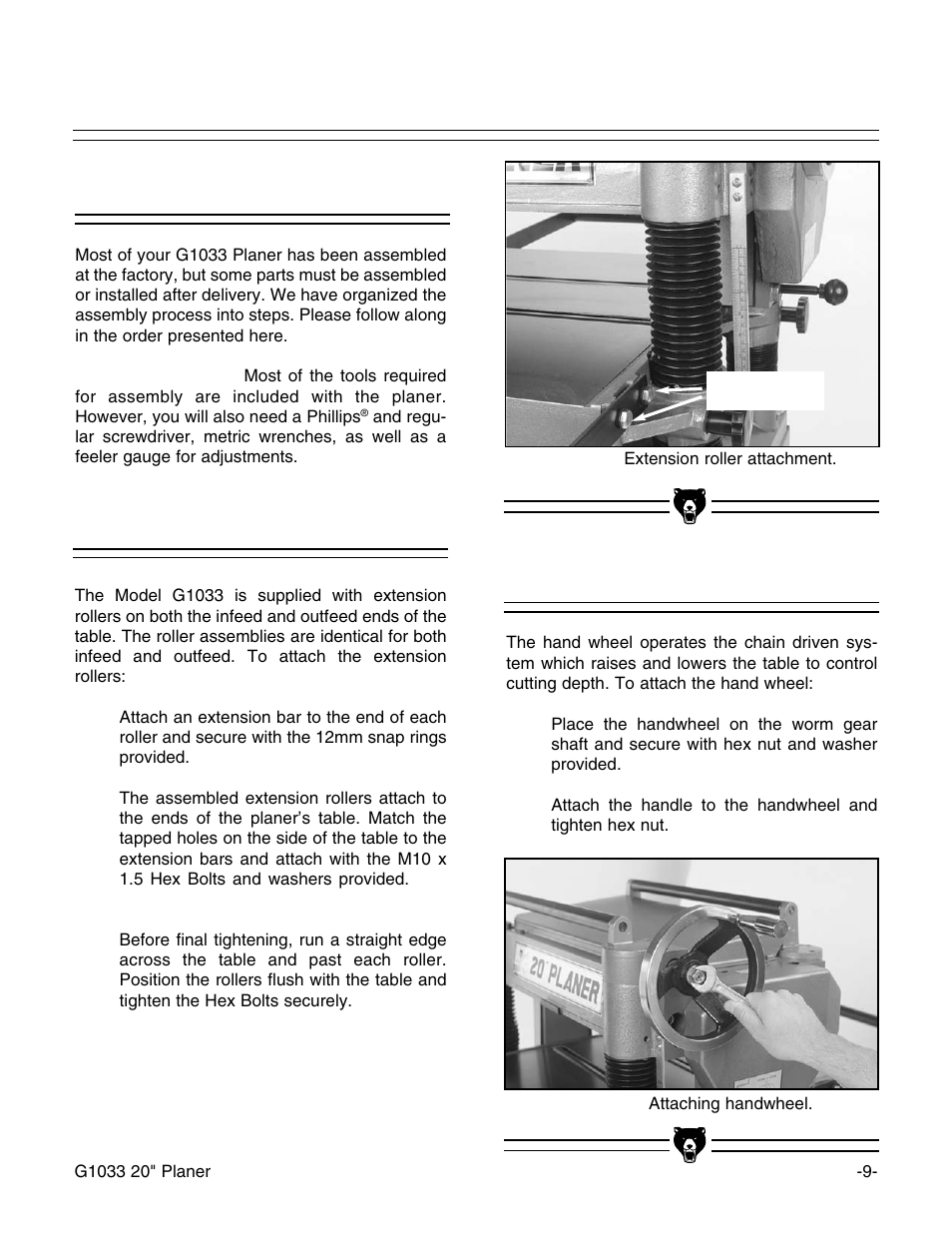 Overview, Extension rollers, Hand wheel | Grizzly G1033 User Manual | Page 11 / 42